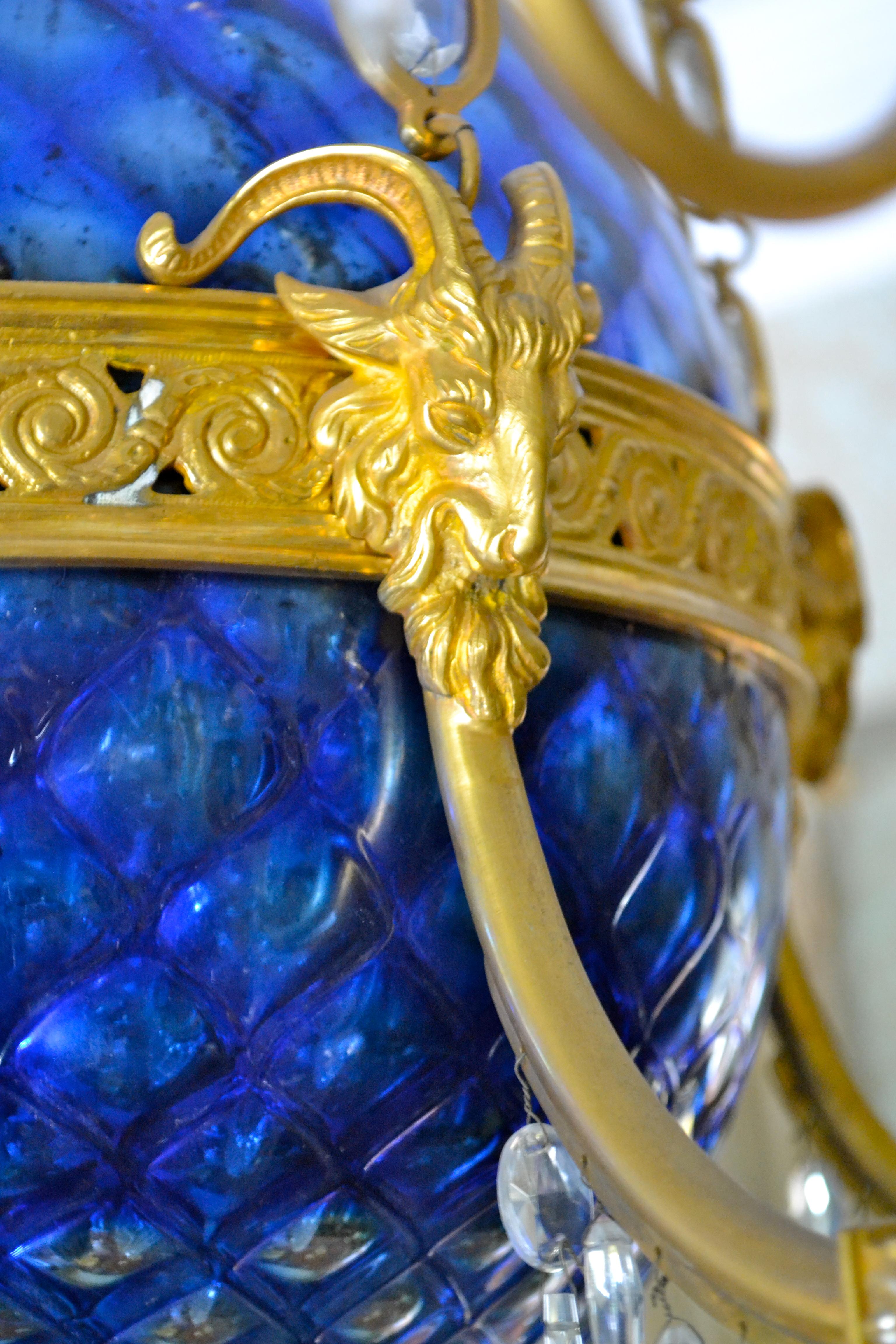  A Russian Empire Style Gilt Bronze Crystal and Blue Glass Globe Chandelier 8
