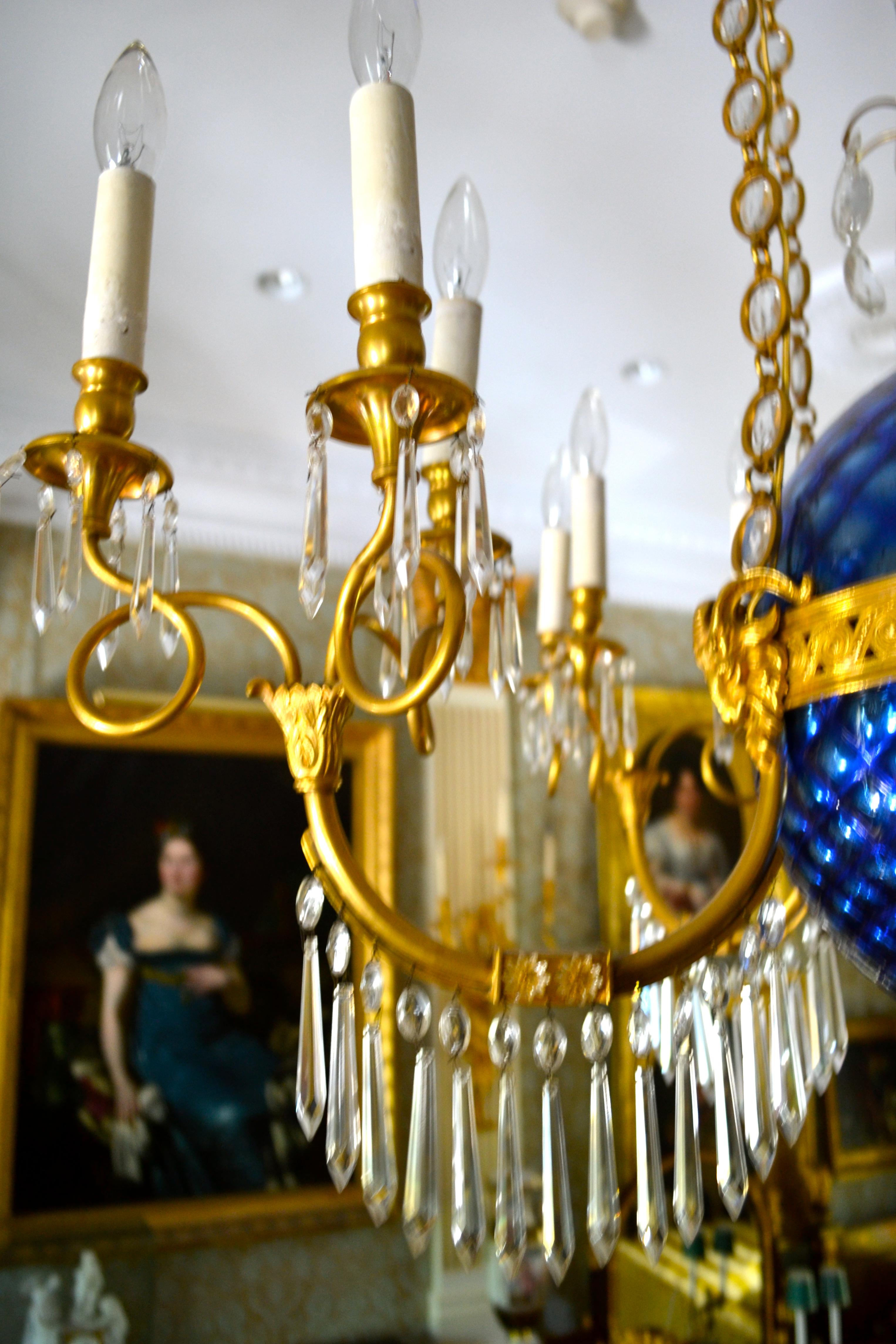  A Russian Empire Style Gilt Bronze Crystal and Blue Glass Globe Chandelier 9