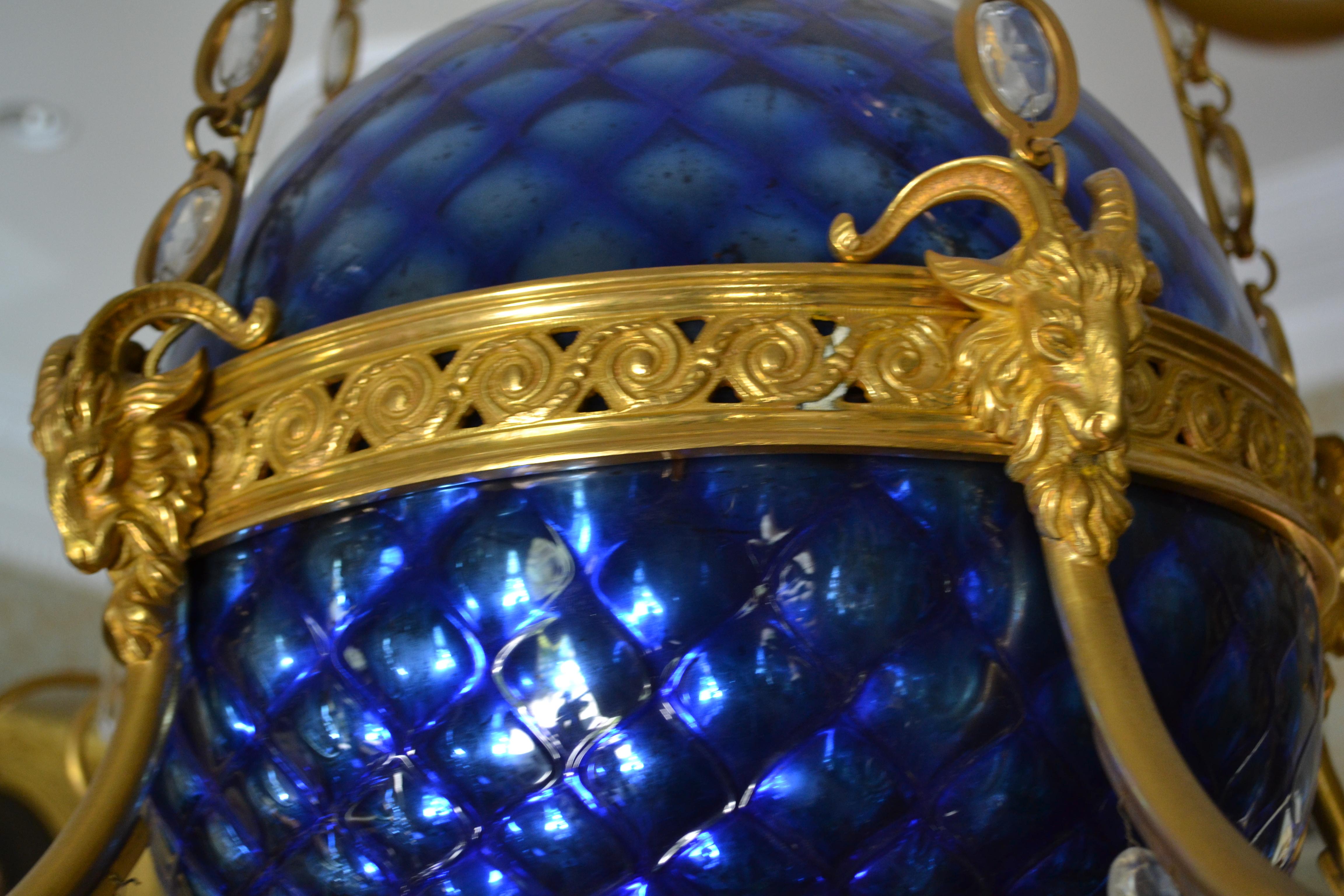  A Russian Empire Style Gilt Bronze Crystal and Blue Glass Globe Chandelier 10