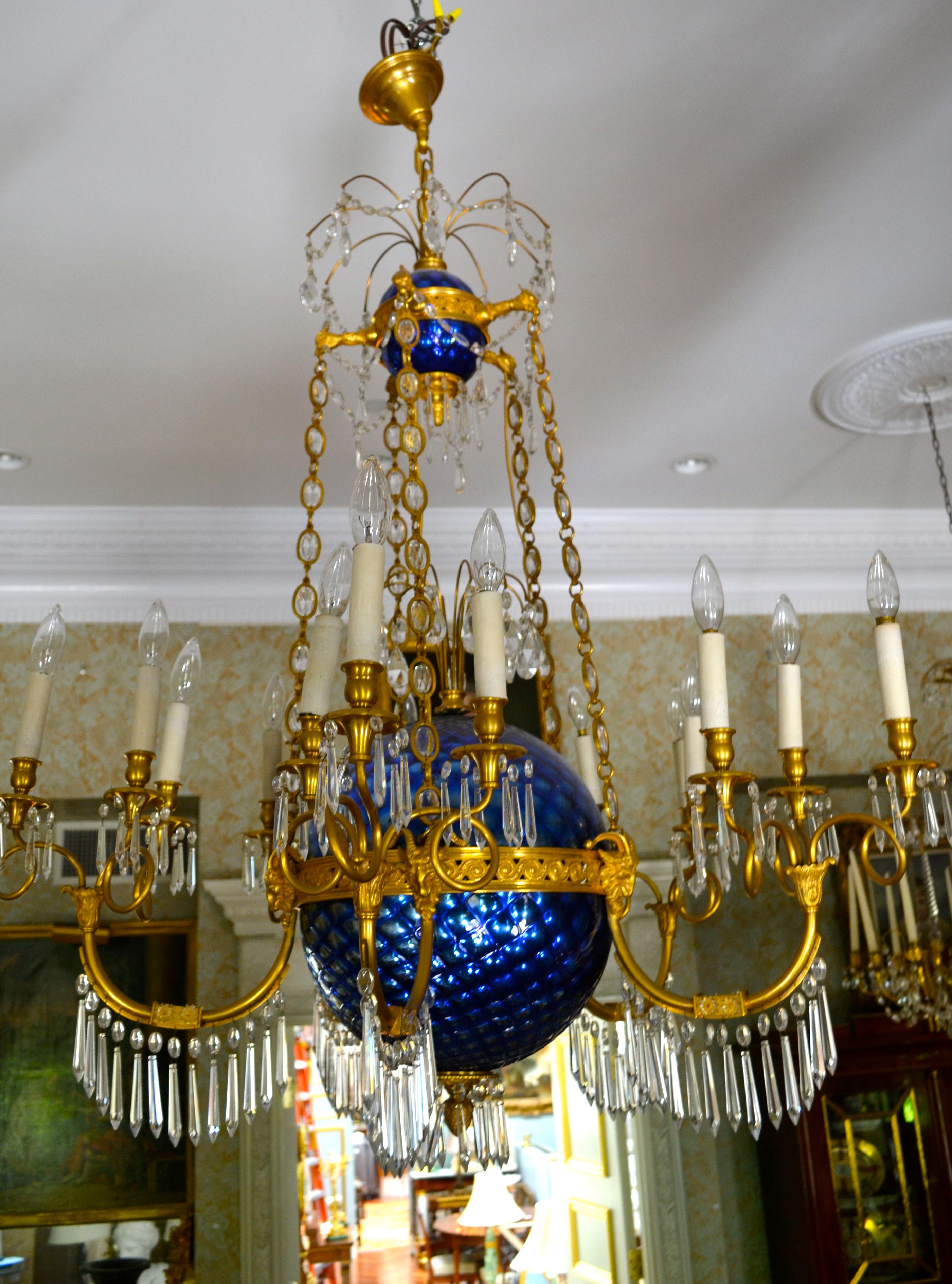 A Russian Empire Style Gilt Bronze Crystal and Blue Glass Globe Chandelier 11