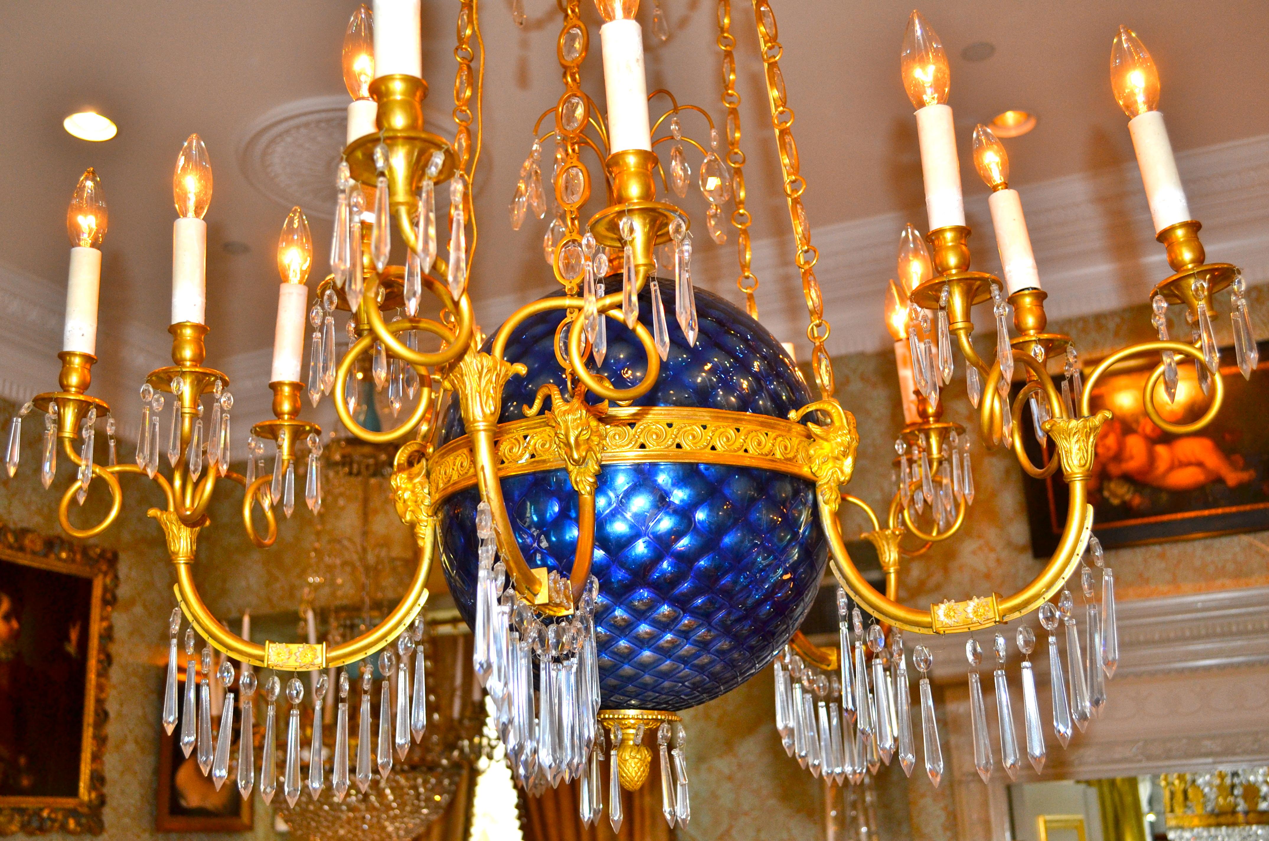 French  A Russian Empire Style Gilt Bronze Crystal and Blue Glass Globe Chandelier