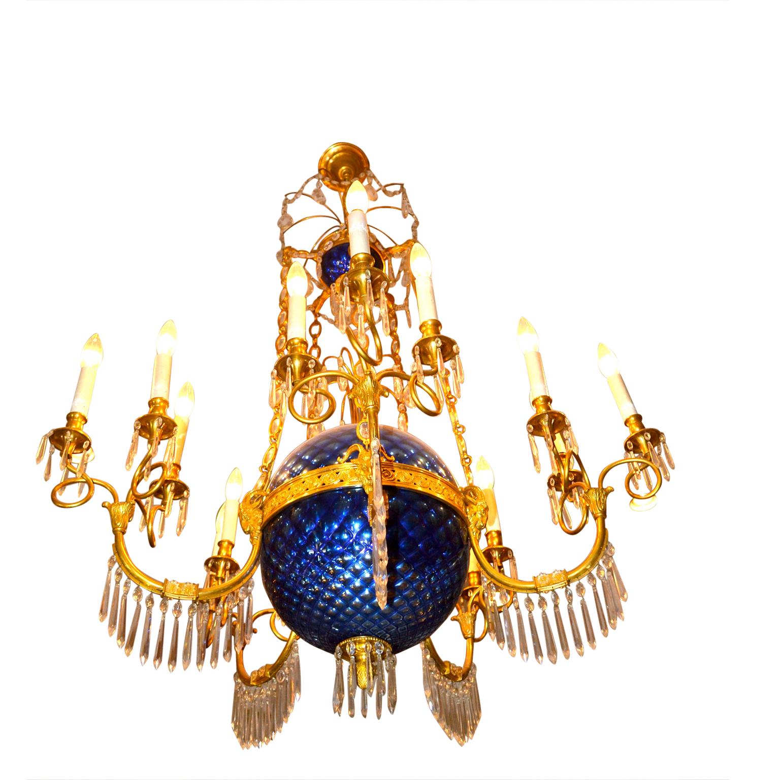 A Russian Empire Style Gilt Bronze Crystal and Blue Glass Globe Chandelier In Good Condition In Vancouver, British Columbia