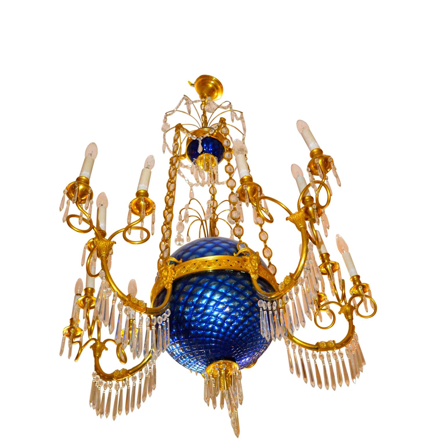 20th Century A Russian Empire Style Gilt Bronze Crystal and Blue Glass Globe Chandelier