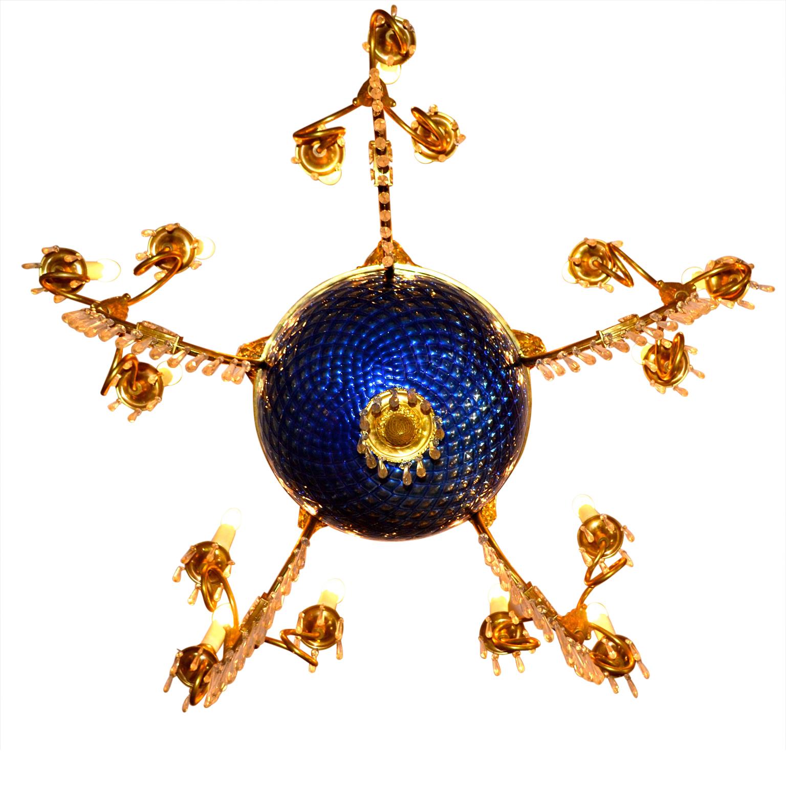  A Russian Empire Style Gilt Bronze Crystal and Blue Glass Globe Chandelier 1