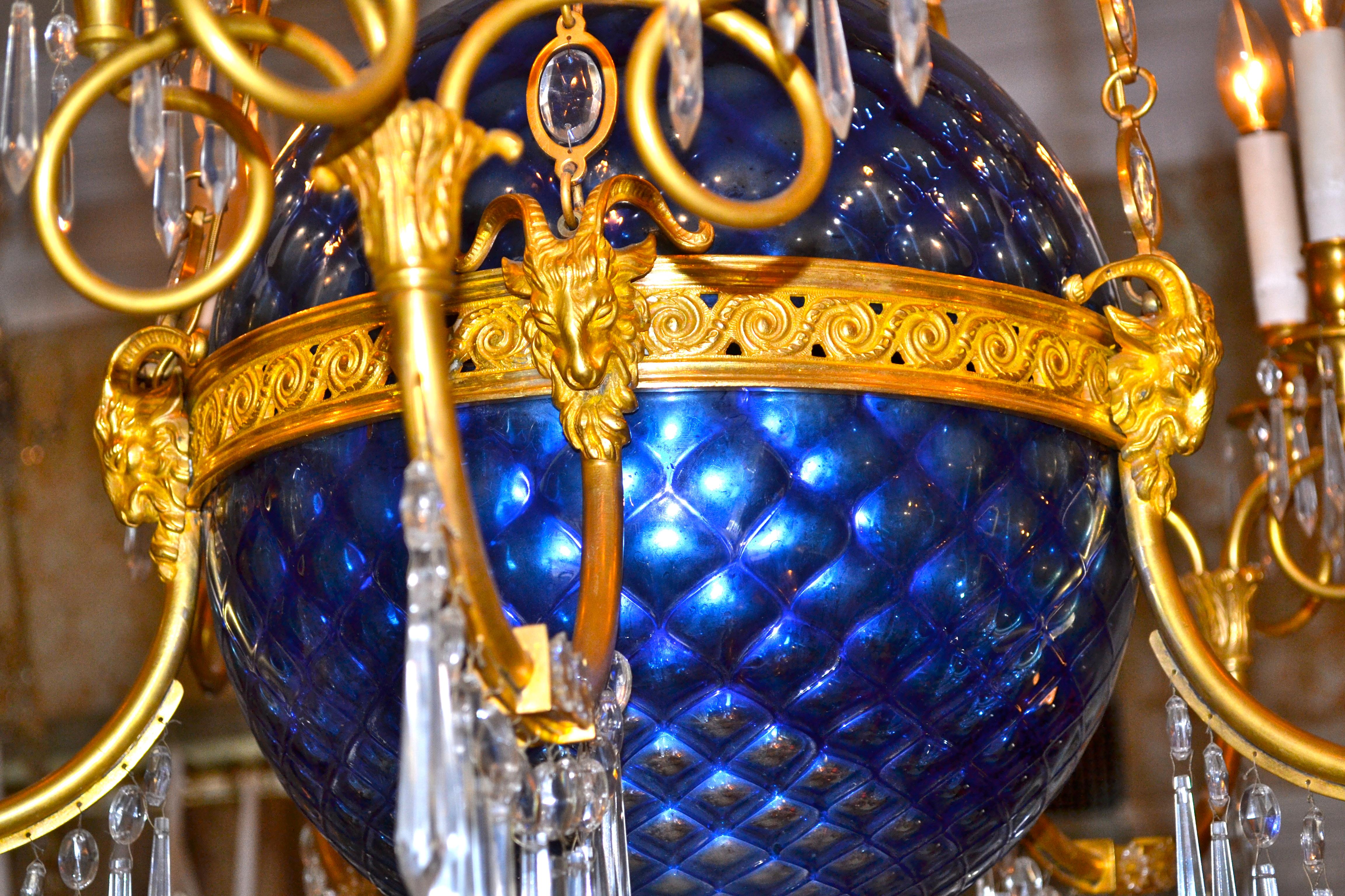A Russian Empire Style Gilt Bronze Crystal and Blue Glass Globe Chandelier 2