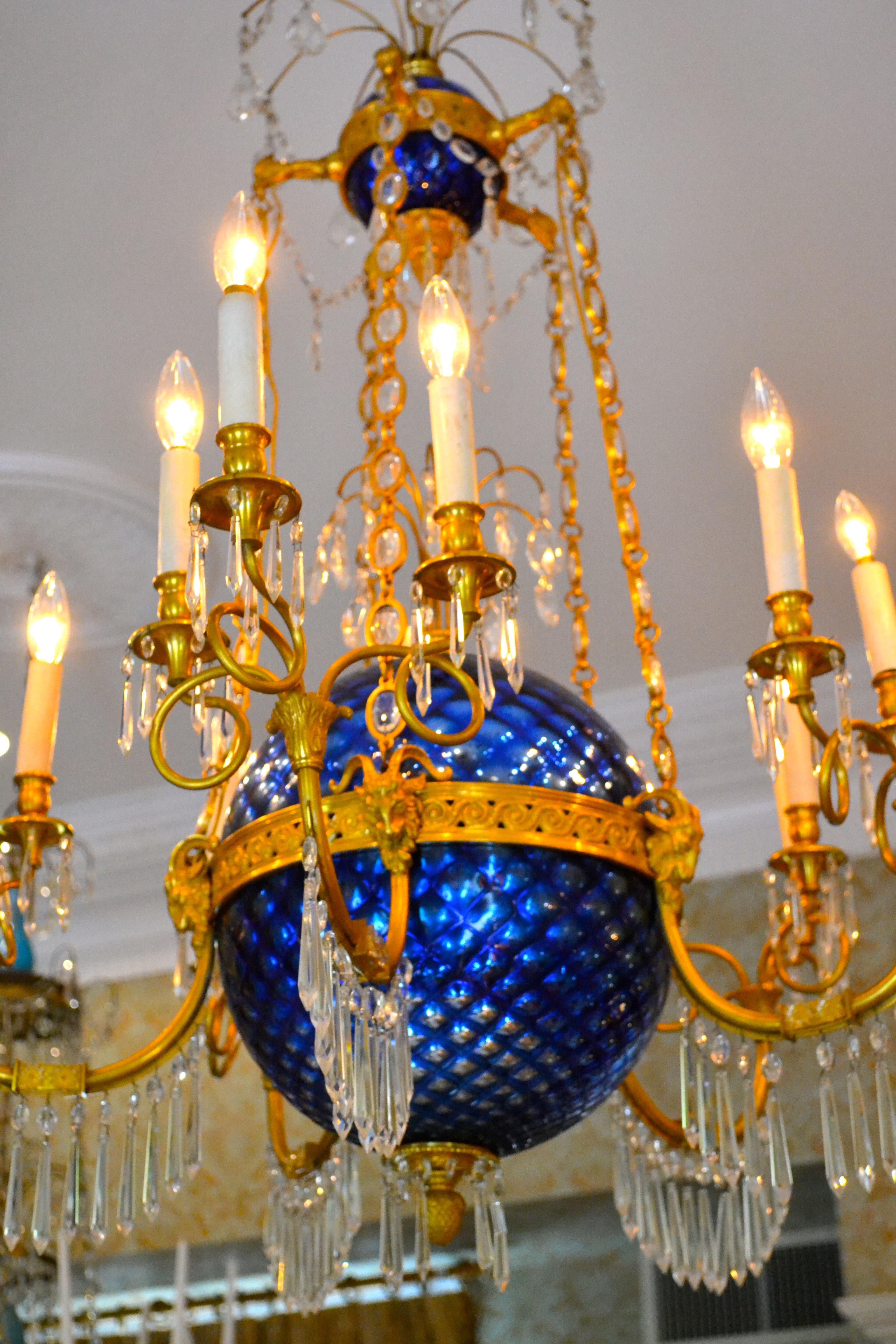 A Russian Empire Style Gilt Bronze Crystal and Blue Glass Globe Chandelier 3