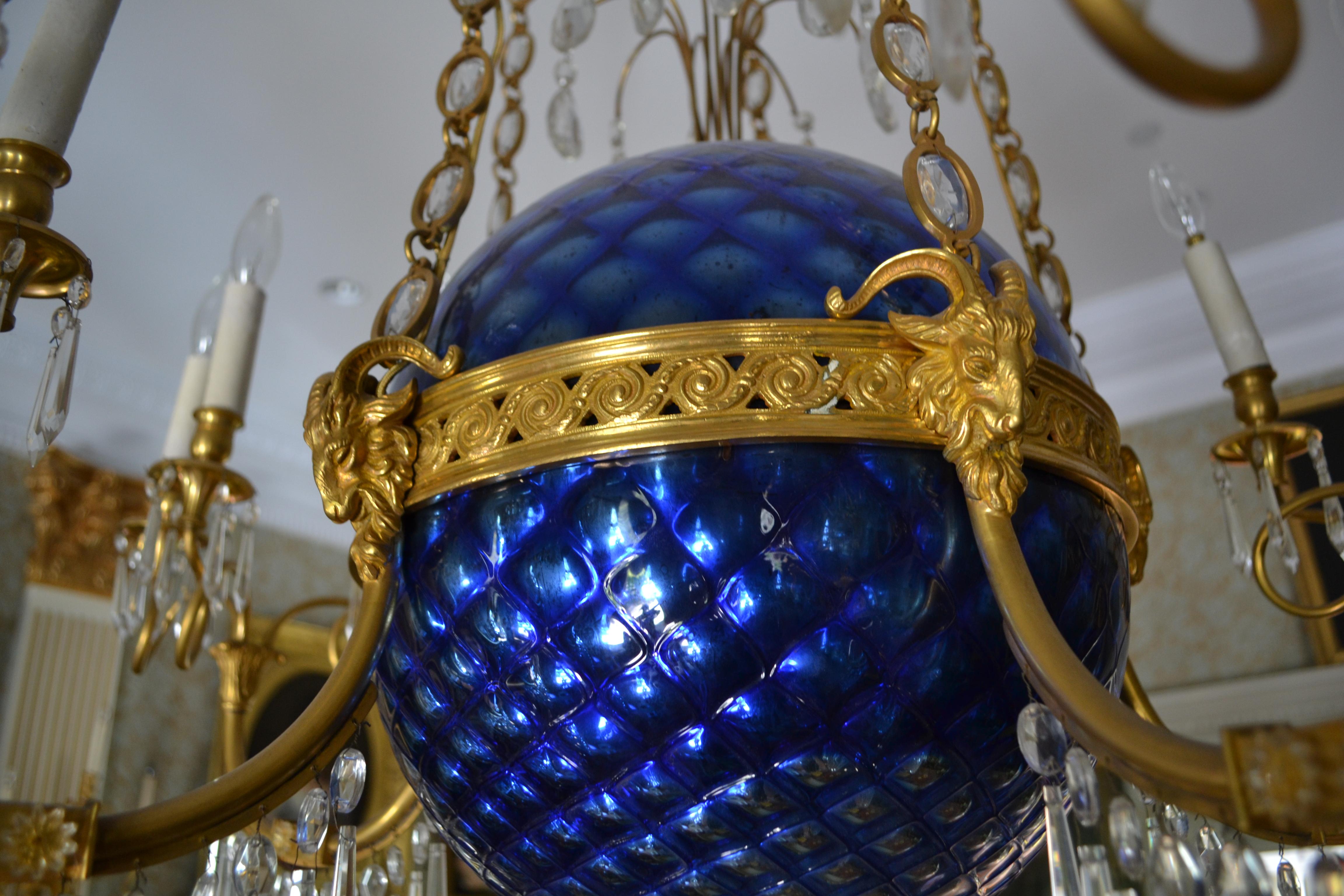  A Russian Empire Style Gilt Bronze Crystal and Blue Glass Globe Chandelier 4