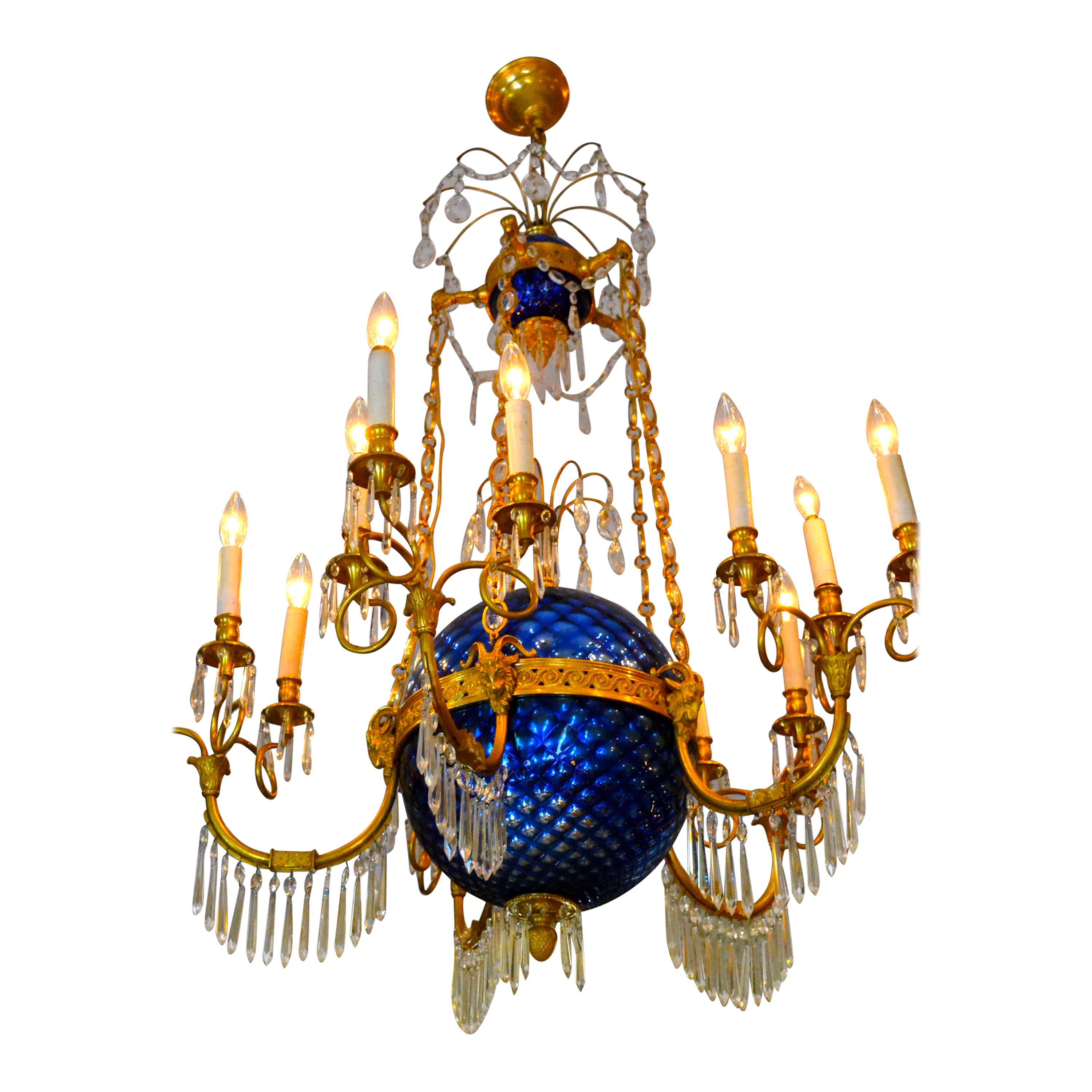  A Russian Empire Style Gilt Bronze Crystal and Blue Glass Globe Chandelier