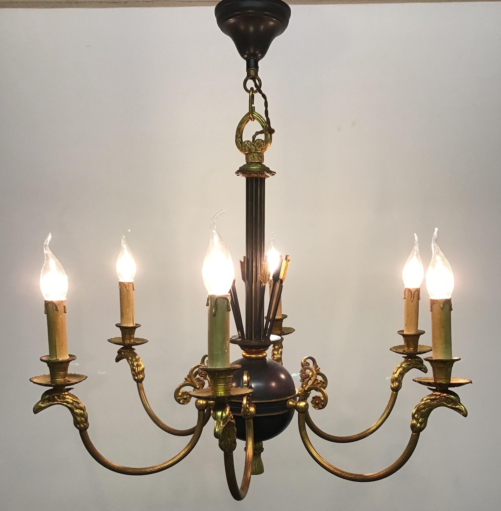 Empire French Gilt Bronze Chandelier with Eagle Heads and Arrows, 1930s For Sale