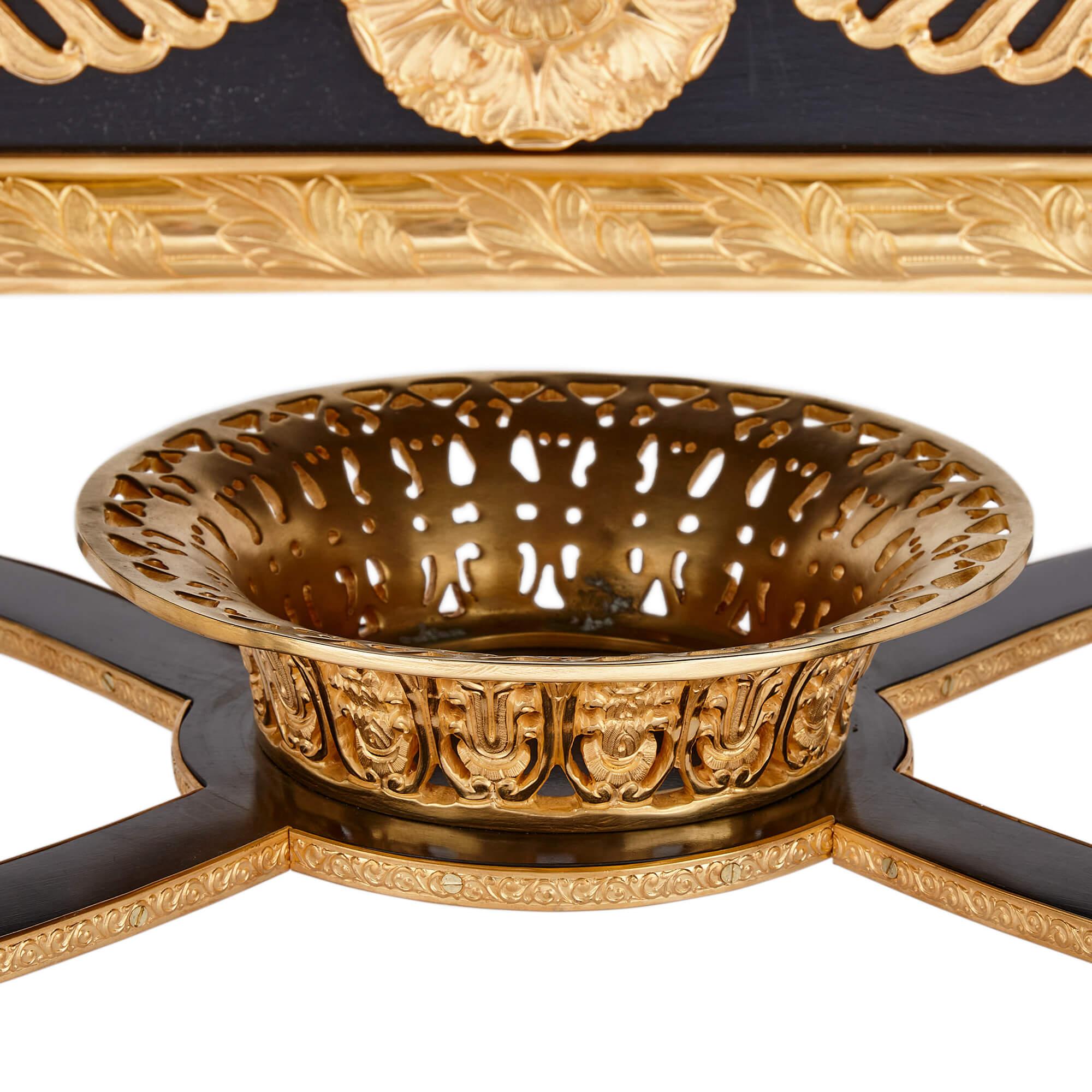 Bronze French Empire-style gilt bronze mounted malachite coffee table For Sale
