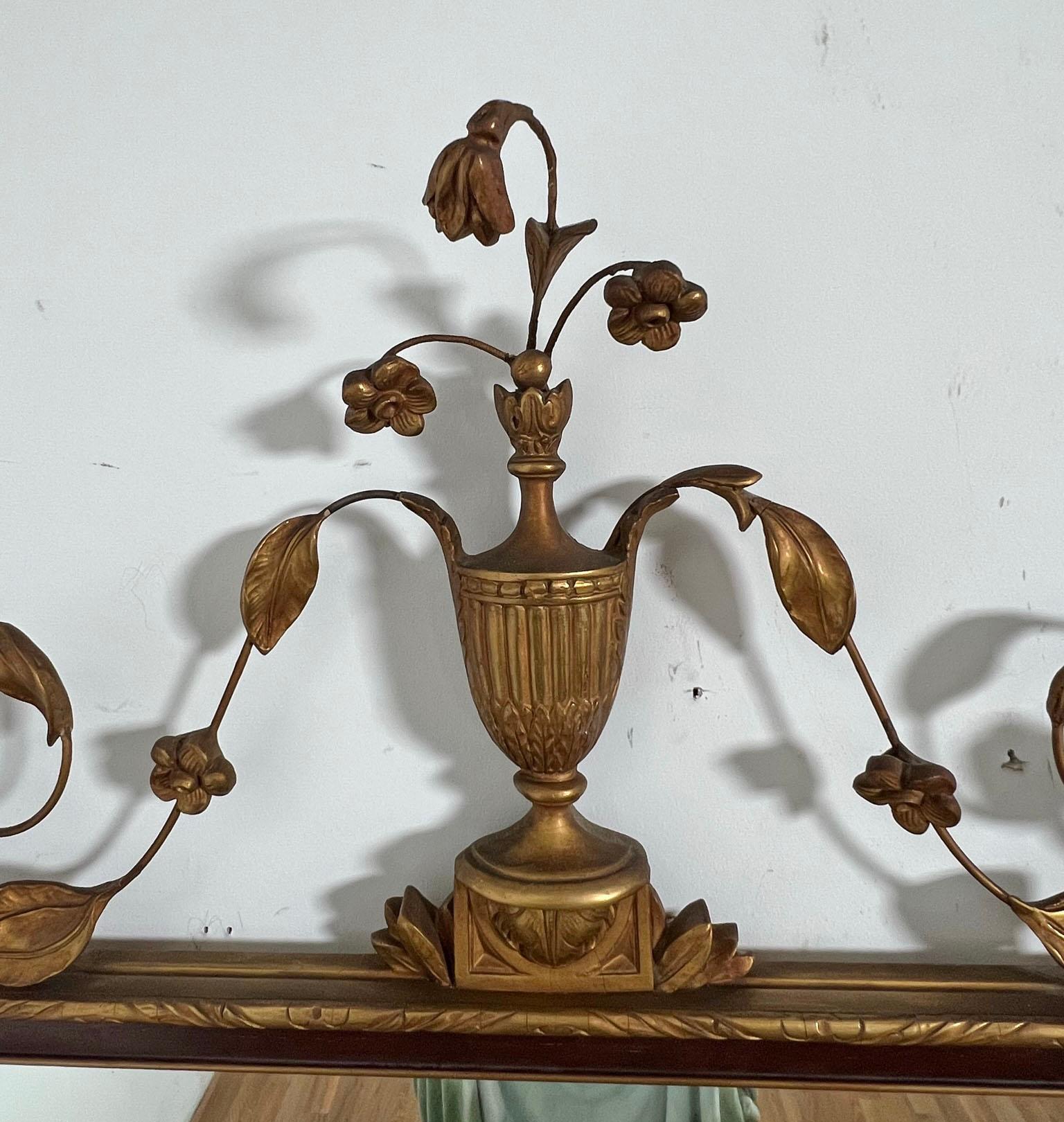 French Empire Style Gilt Leaf and Urn Motif Wall Mirror In Good Condition For Sale In Peabody, MA