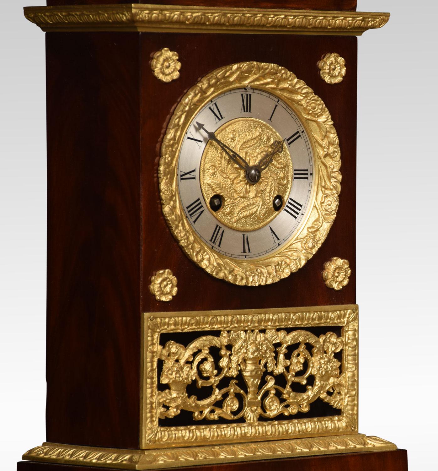 19th Century French Empire Style Gilt Metal Mounted Mahogany Mantel Clock For Sale