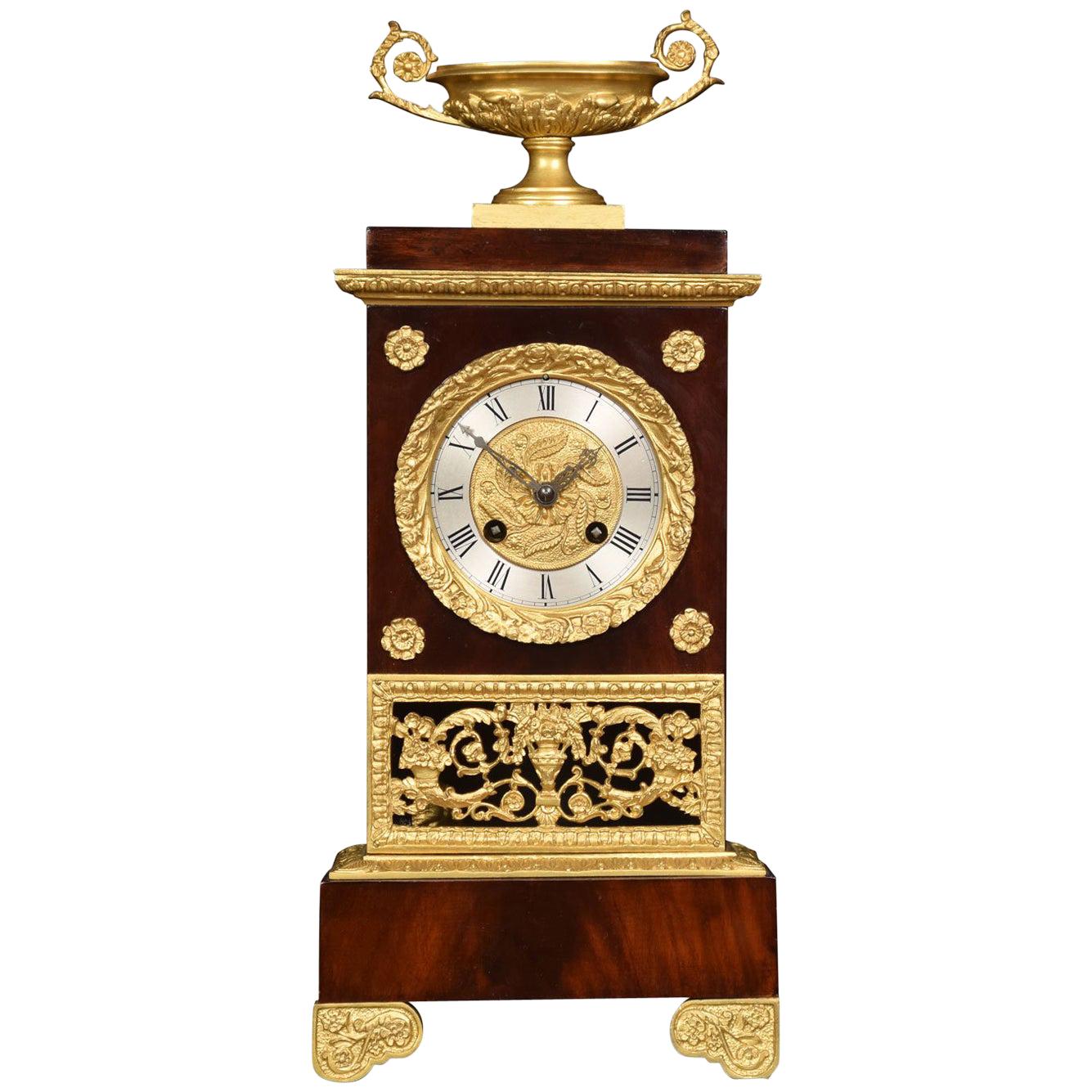French Empire Style Gilt Metal Mounted Mahogany Mantel Clock For Sale