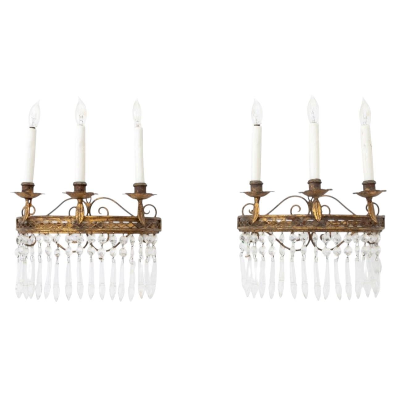 Pair of French Empire Style Gilt Wrought Iron Three-Branch Wall Sconces