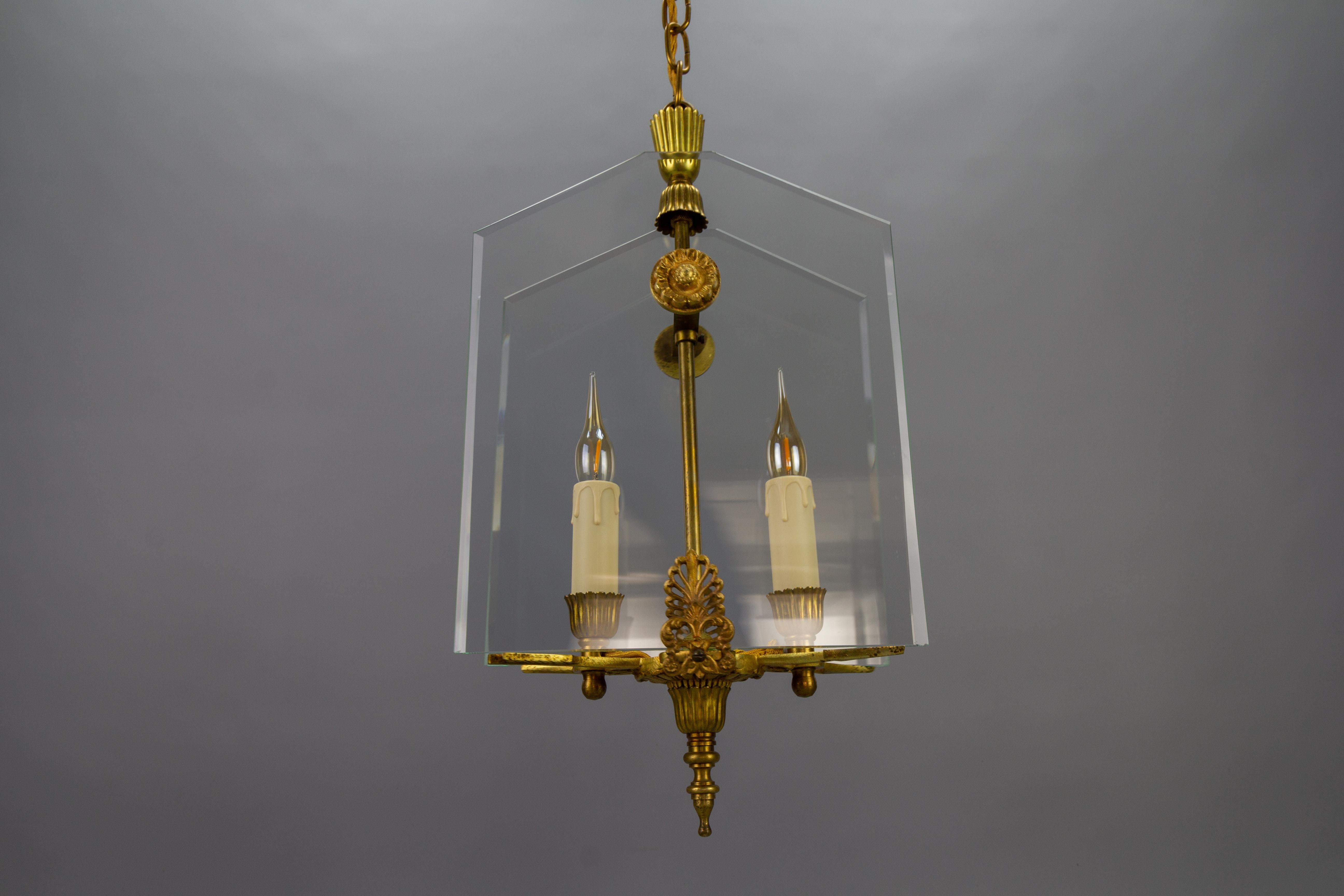 French Empire Style Glass and Bronze Two-Light Pendant Chandelier, 1950s For Sale 4