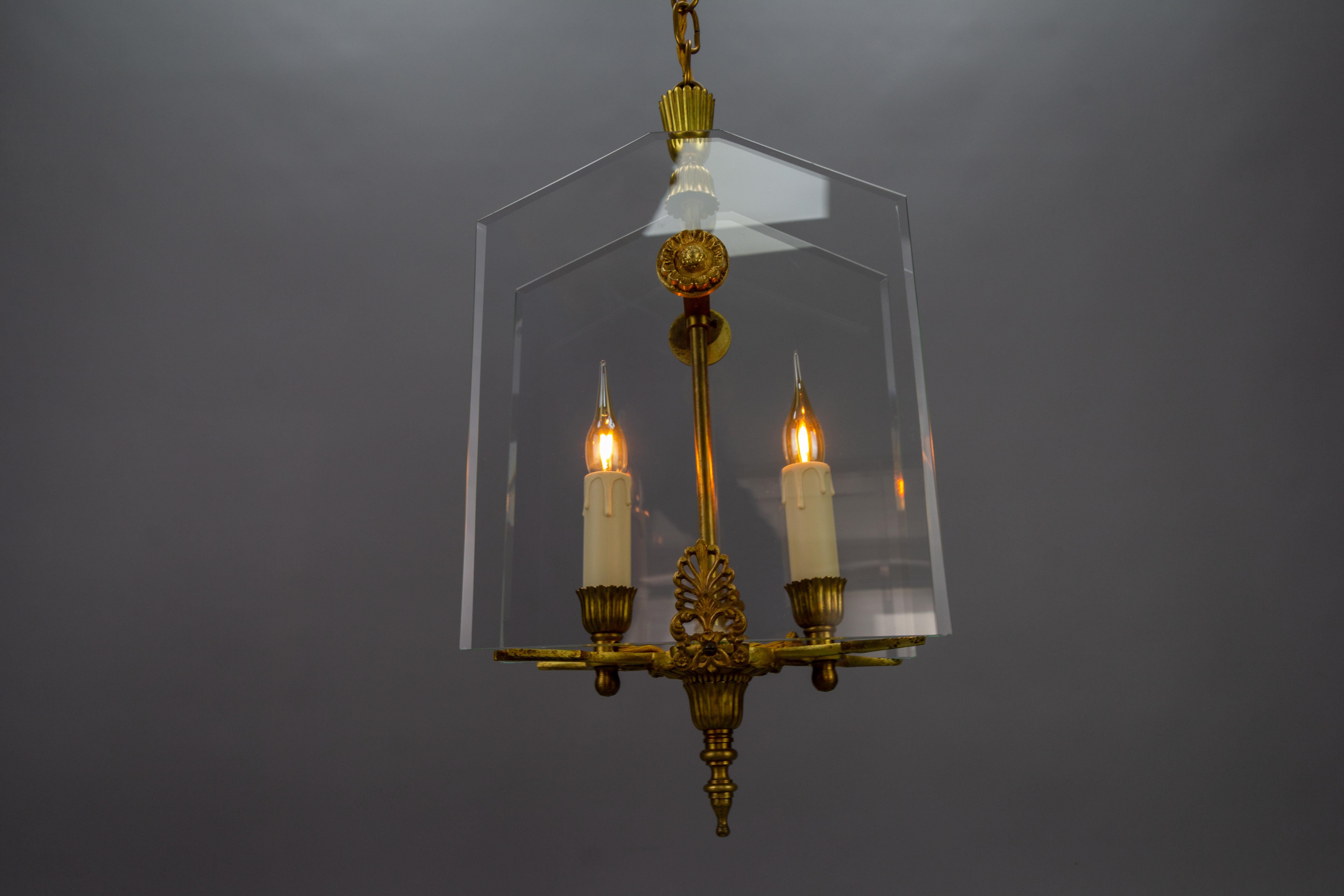 French Empire Style Glass and Bronze Two-Light Pendant Chandelier, 1950s For Sale 5