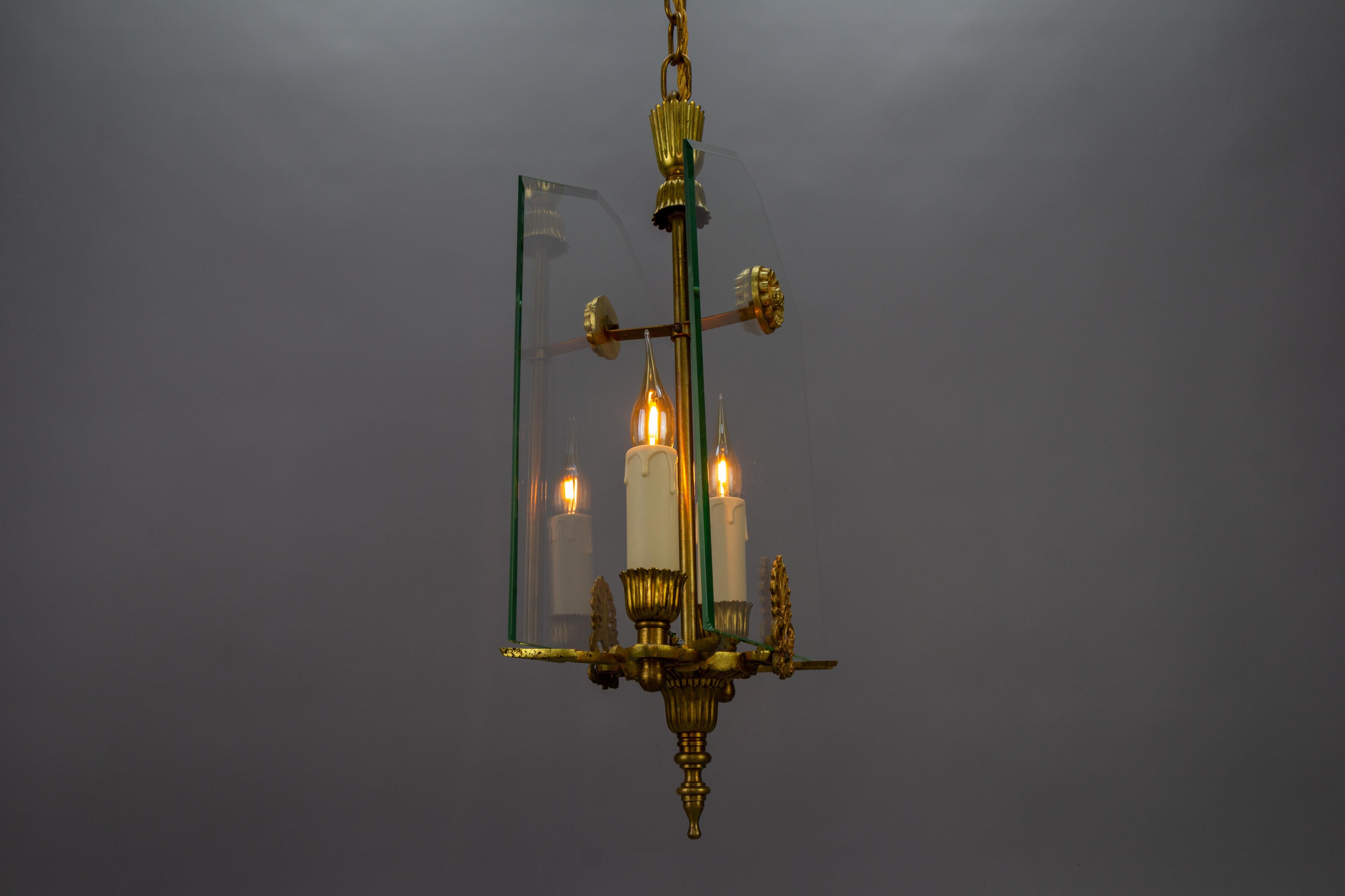 French Empire Style Glass and Bronze Two-Light Pendant Chandelier, 1950s For Sale 6