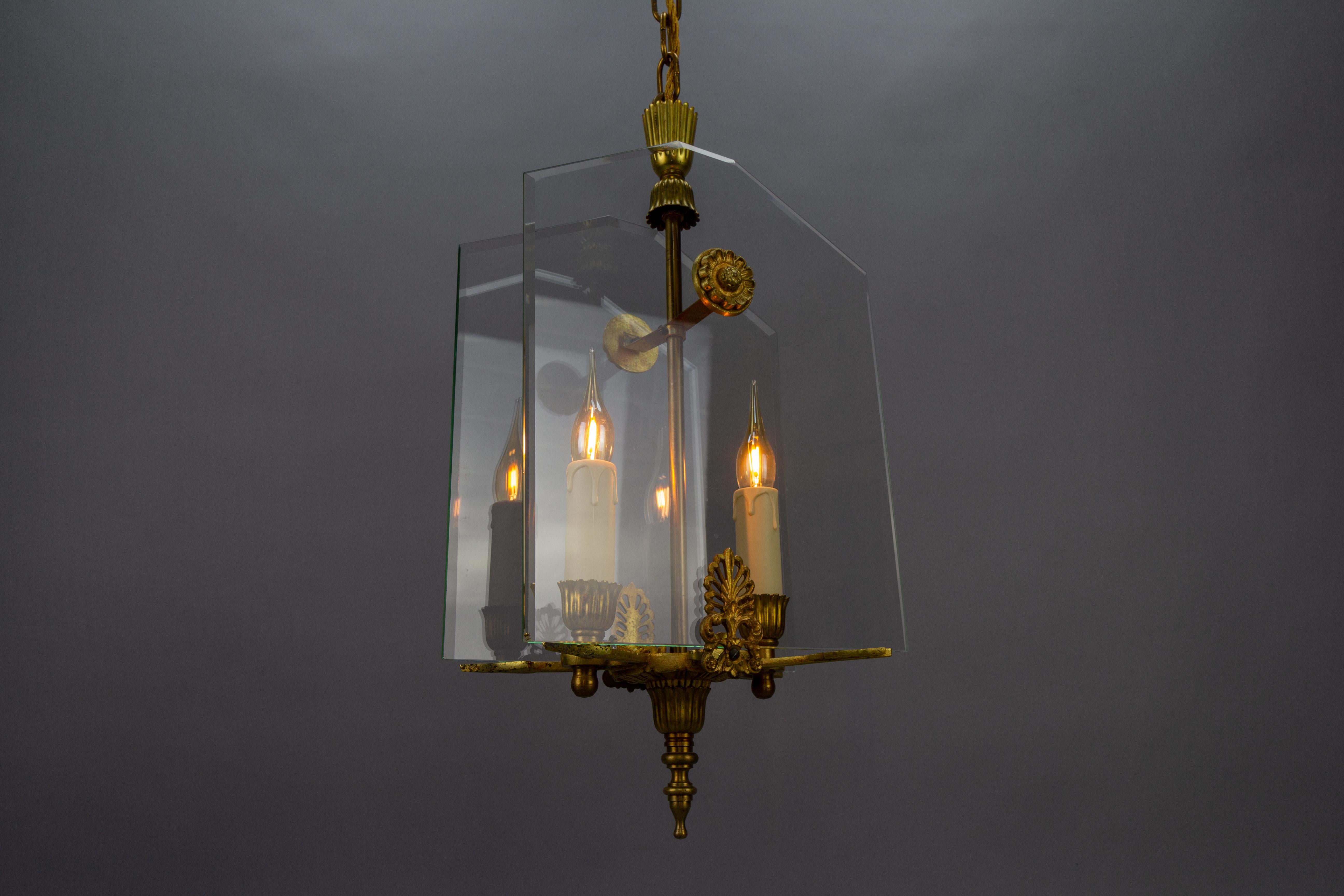 French Empire Style Glass and Bronze Two-Light Pendant Chandelier, 1950s For Sale 7