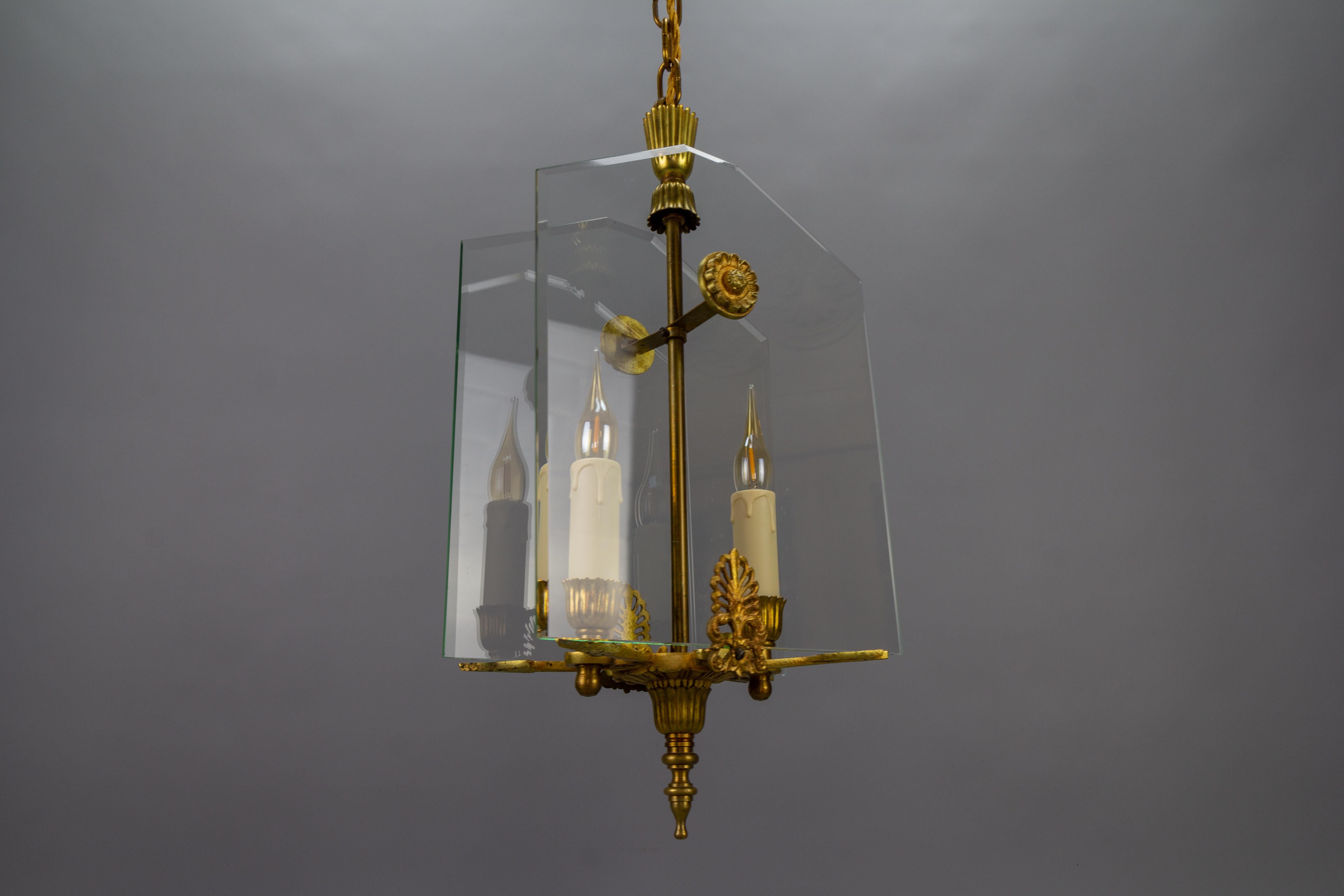 French Empire Style Glass and Bronze Two-Light Pendant Chandelier, 1950s For Sale 8