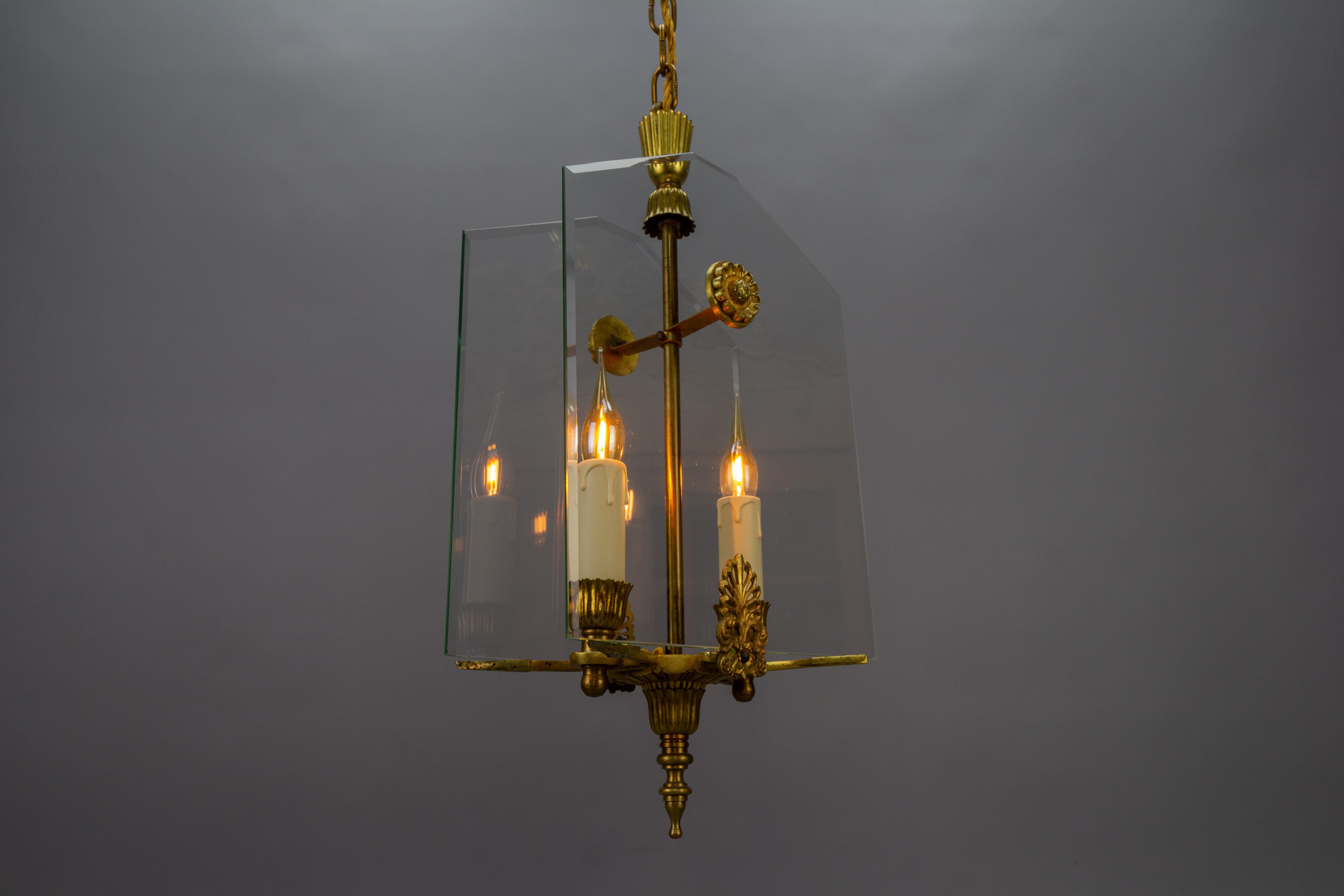 French Empire Style Glass and Bronze Two-Light Pendant Chandelier, 1950s For Sale 9