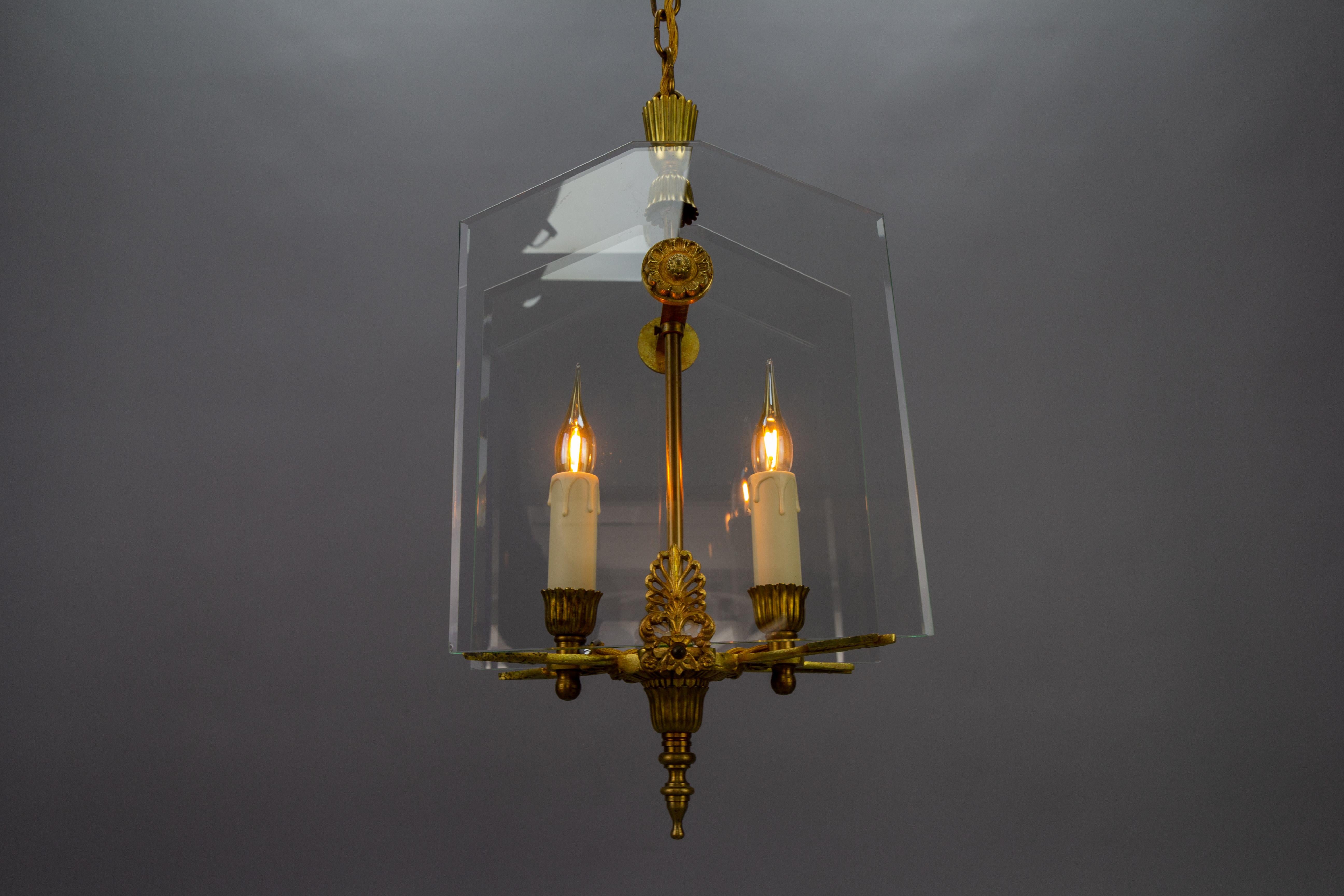 French Empire Style Glass and Bronze Two-Light Pendant Chandelier, 1950s For Sale 10