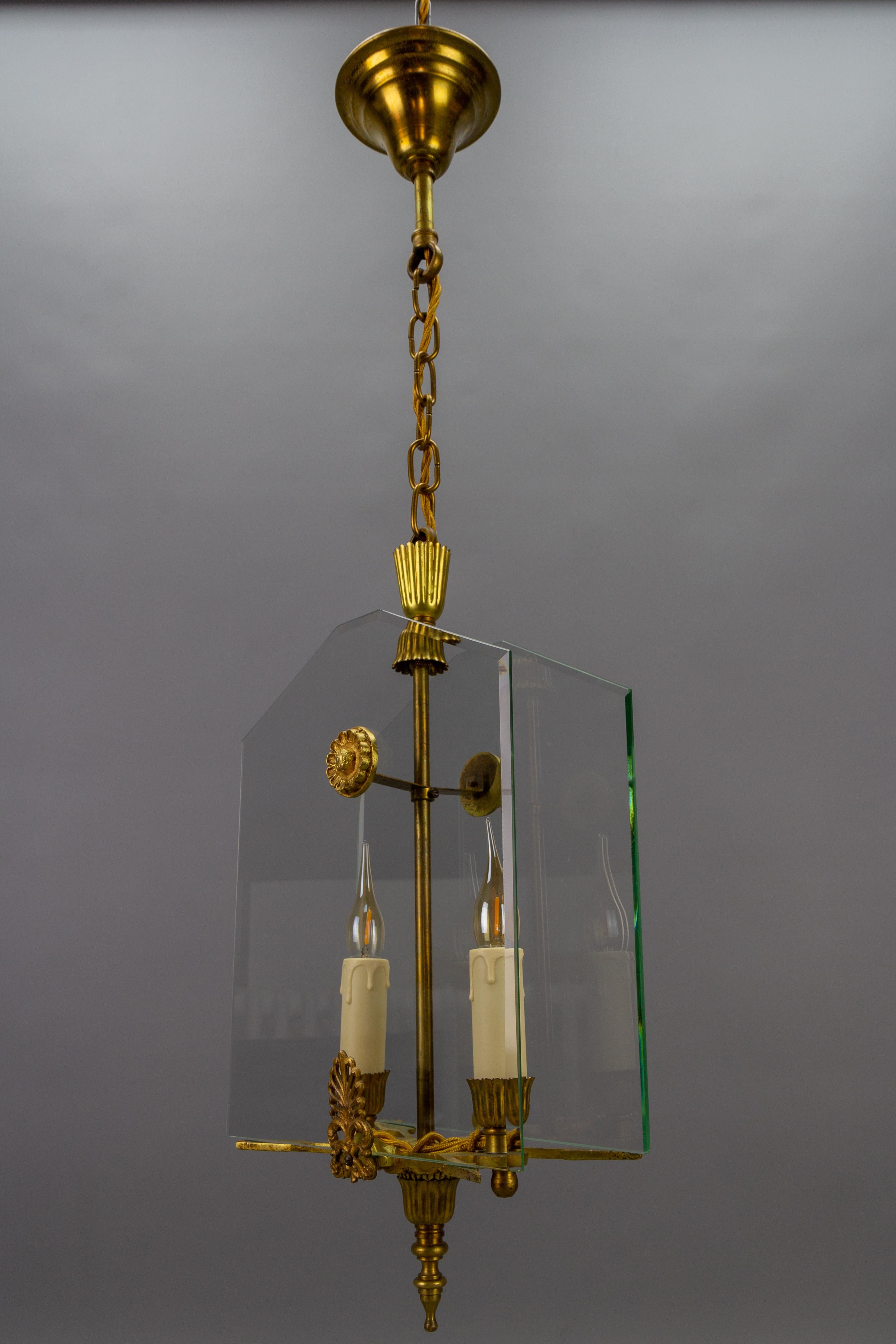 Beveled French Empire Style Glass and Bronze Two-Light Pendant Chandelier, 1950s For Sale