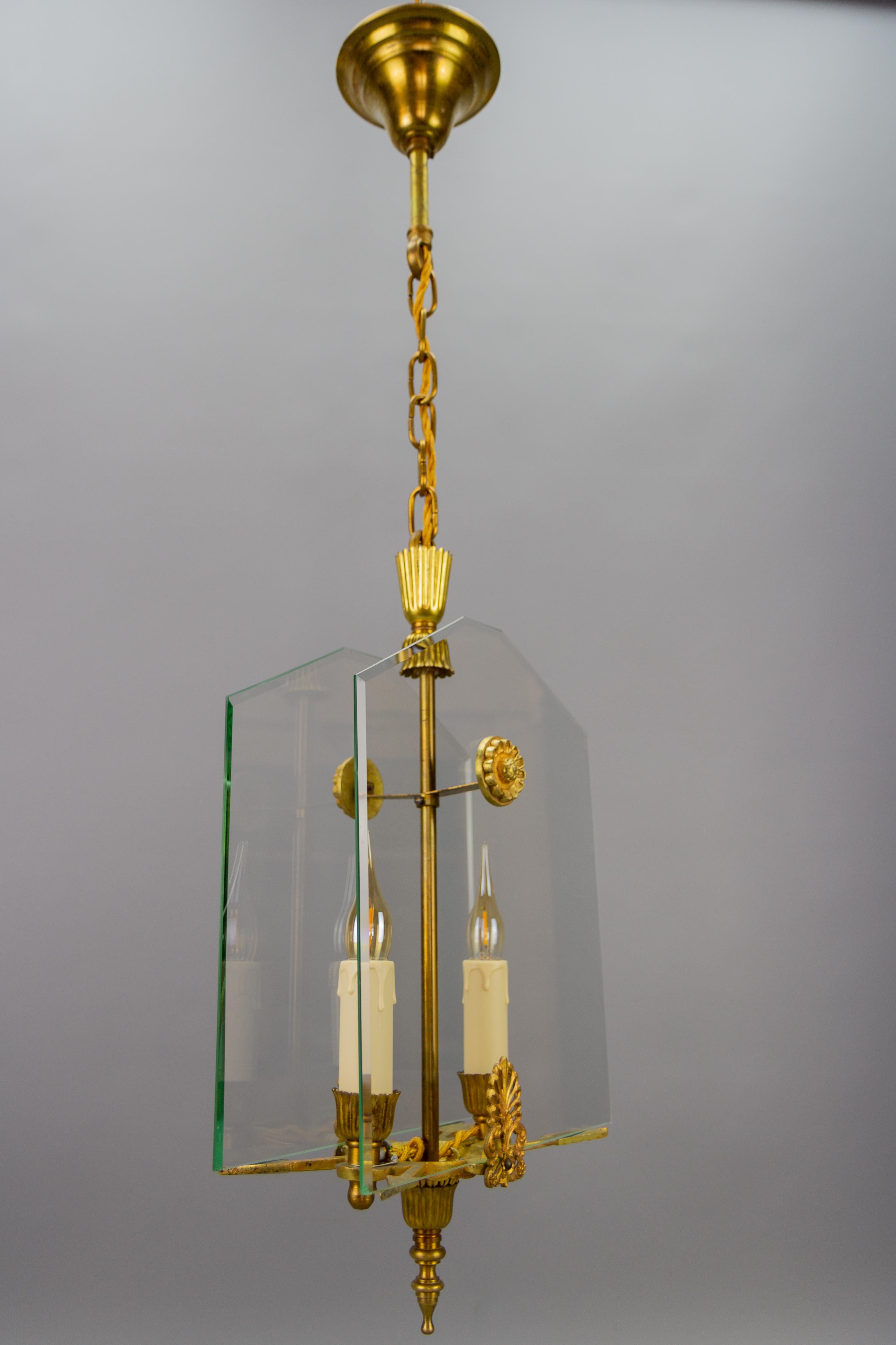 Mid-20th Century French Empire Style Glass and Bronze Two-Light Pendant Chandelier, 1950s For Sale