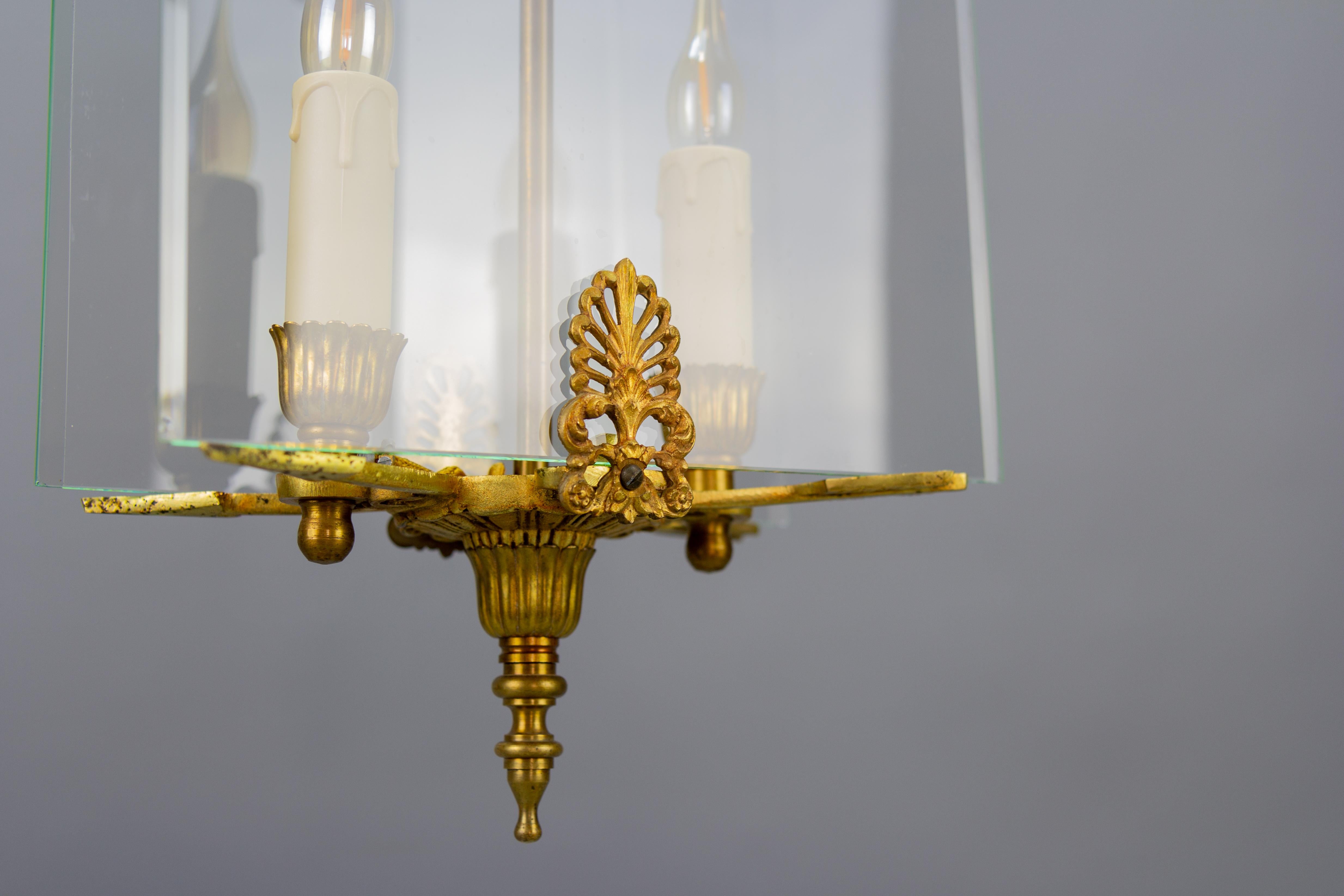 French Empire Style Glass and Bronze Two-Light Pendant Chandelier, 1950s For Sale 2