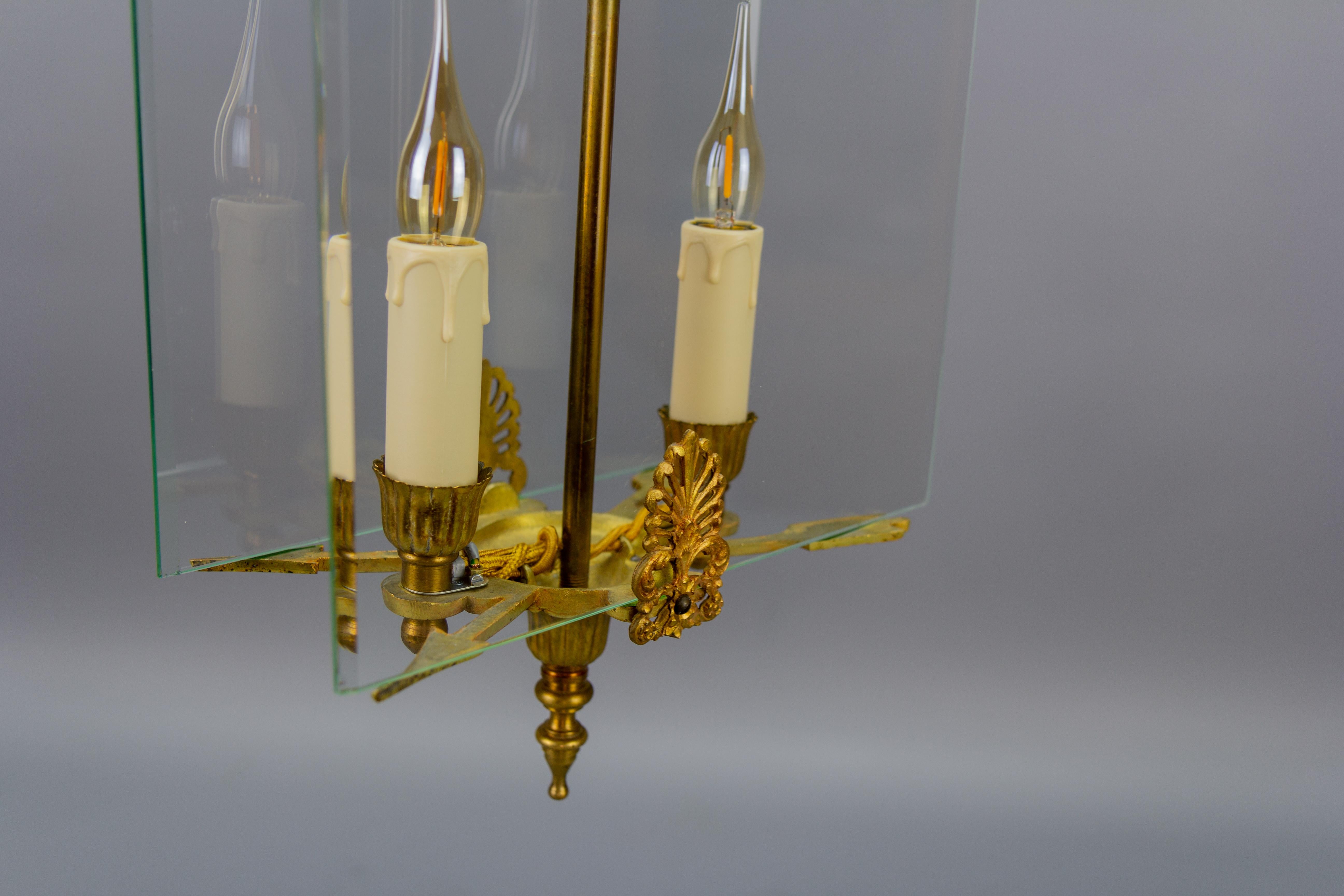 French Empire Style Glass and Bronze Two-Light Pendant Chandelier, 1950s For Sale 3
