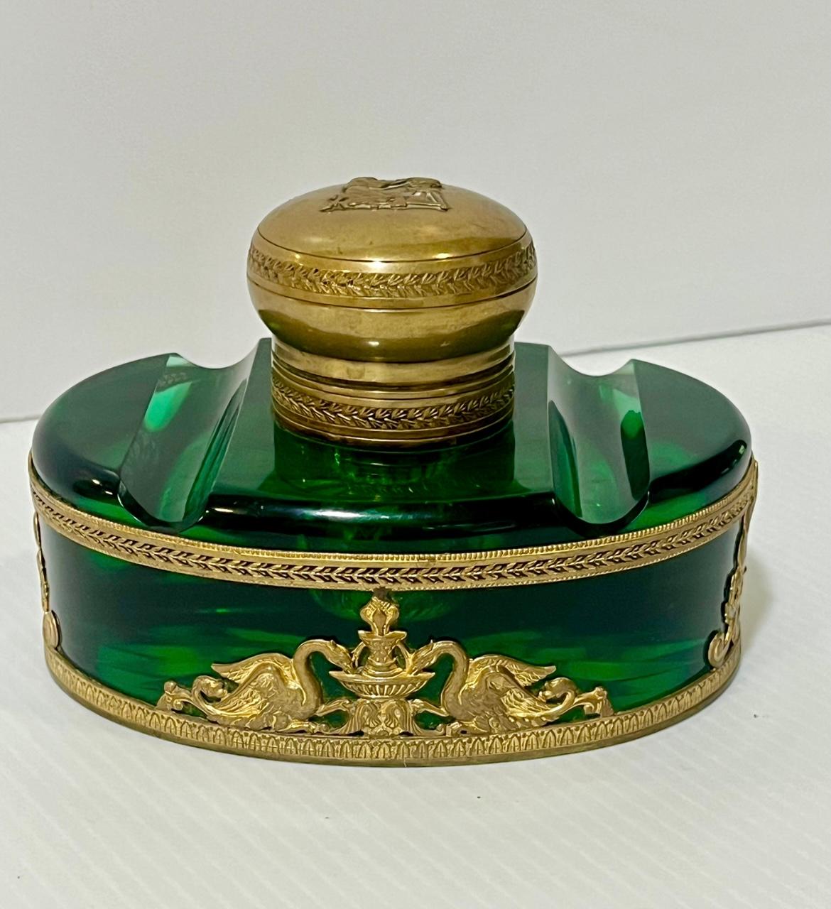 French Empire Style Green Glass Inkwell with Gilt Mounts For Sale 8