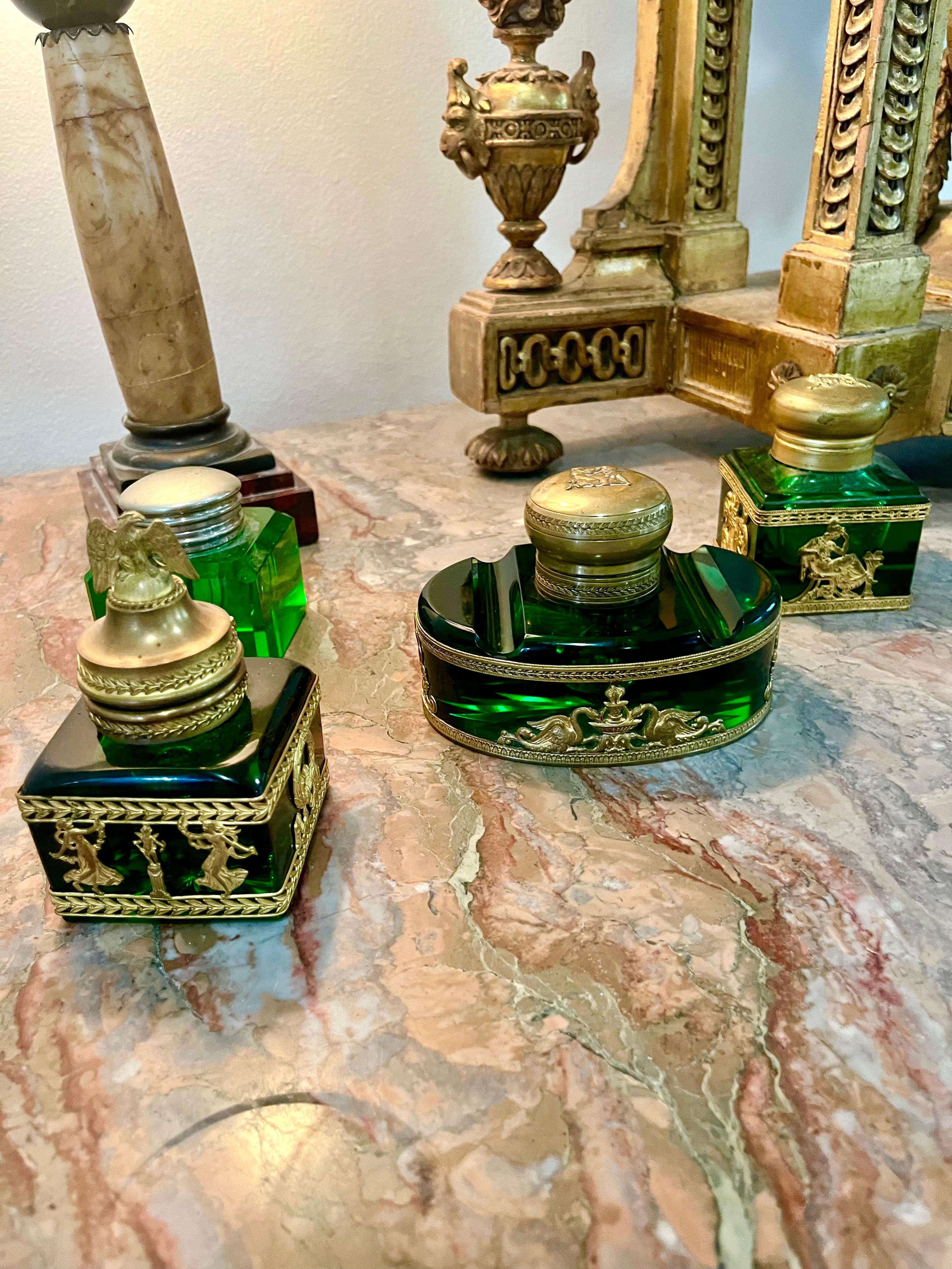 French Empire Style Green Glass Inkwell with Gilt Mounts For Sale 9