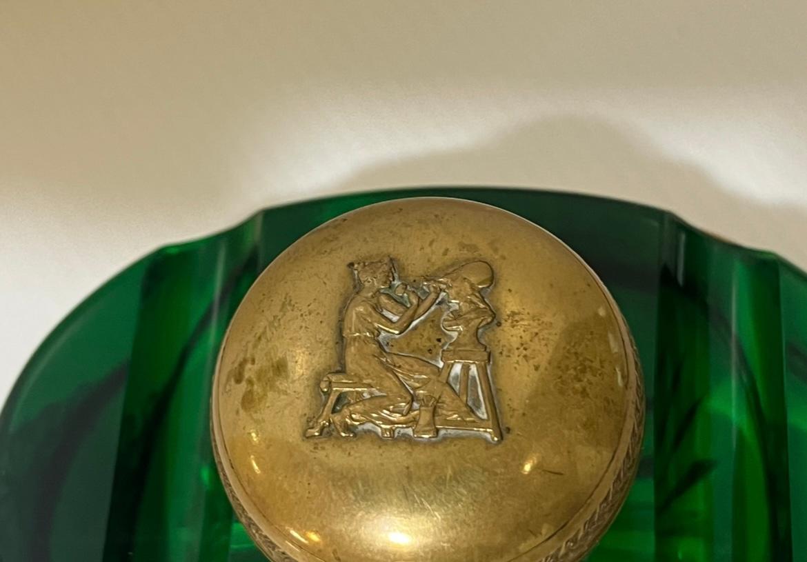 Etched French Empire Style Green Glass Inkwell with Gilt Mounts For Sale