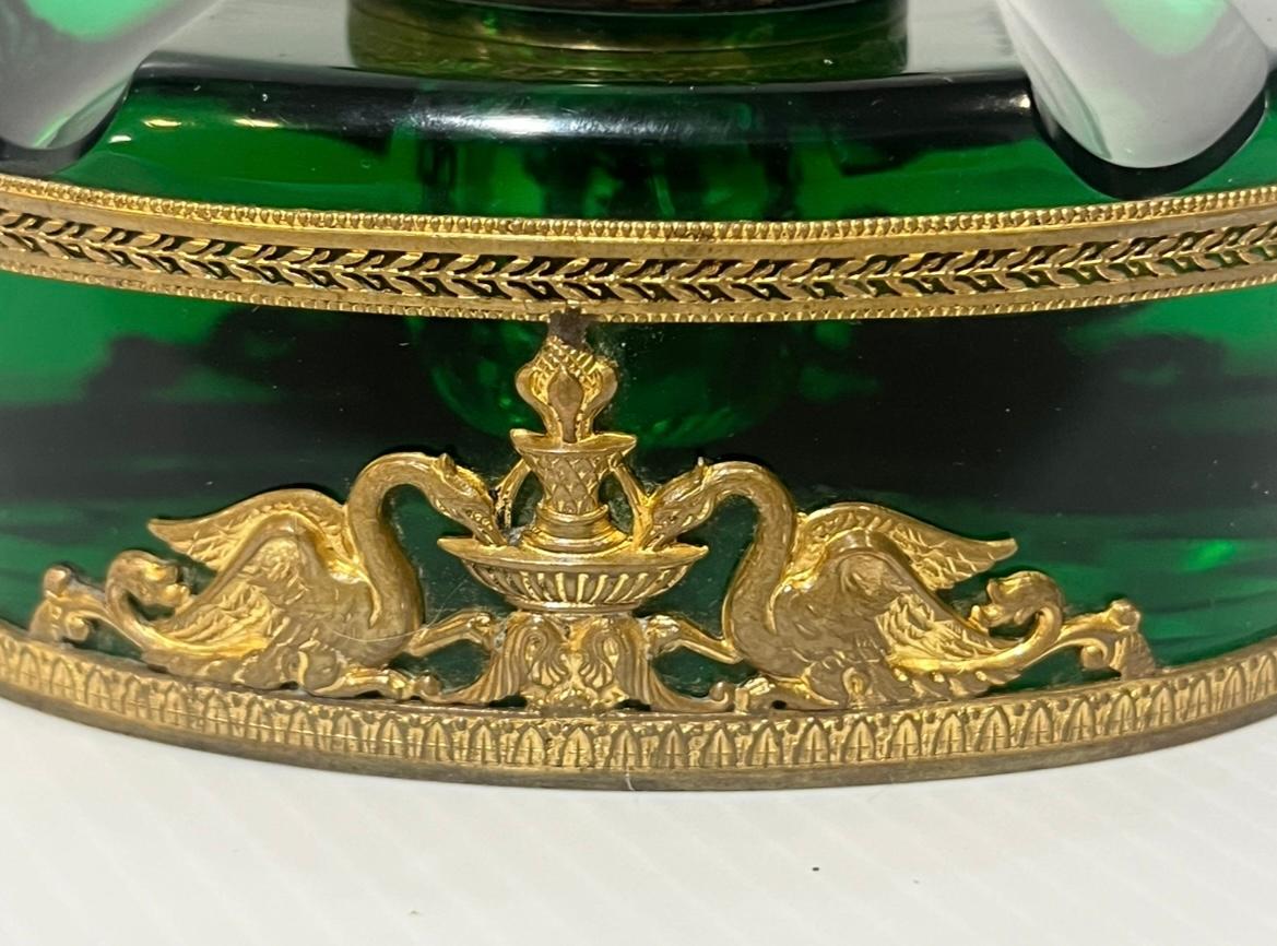 Early 20th Century French Empire Style Green Glass Inkwell with Gilt Mounts For Sale