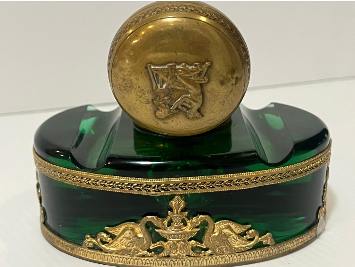 French Empire Style Green Glass Inkwell with Gilt Mounts For Sale 1