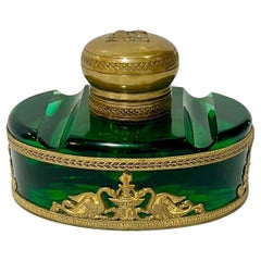 French Empire Style Green Glass Inkwell with Gilt Mounts