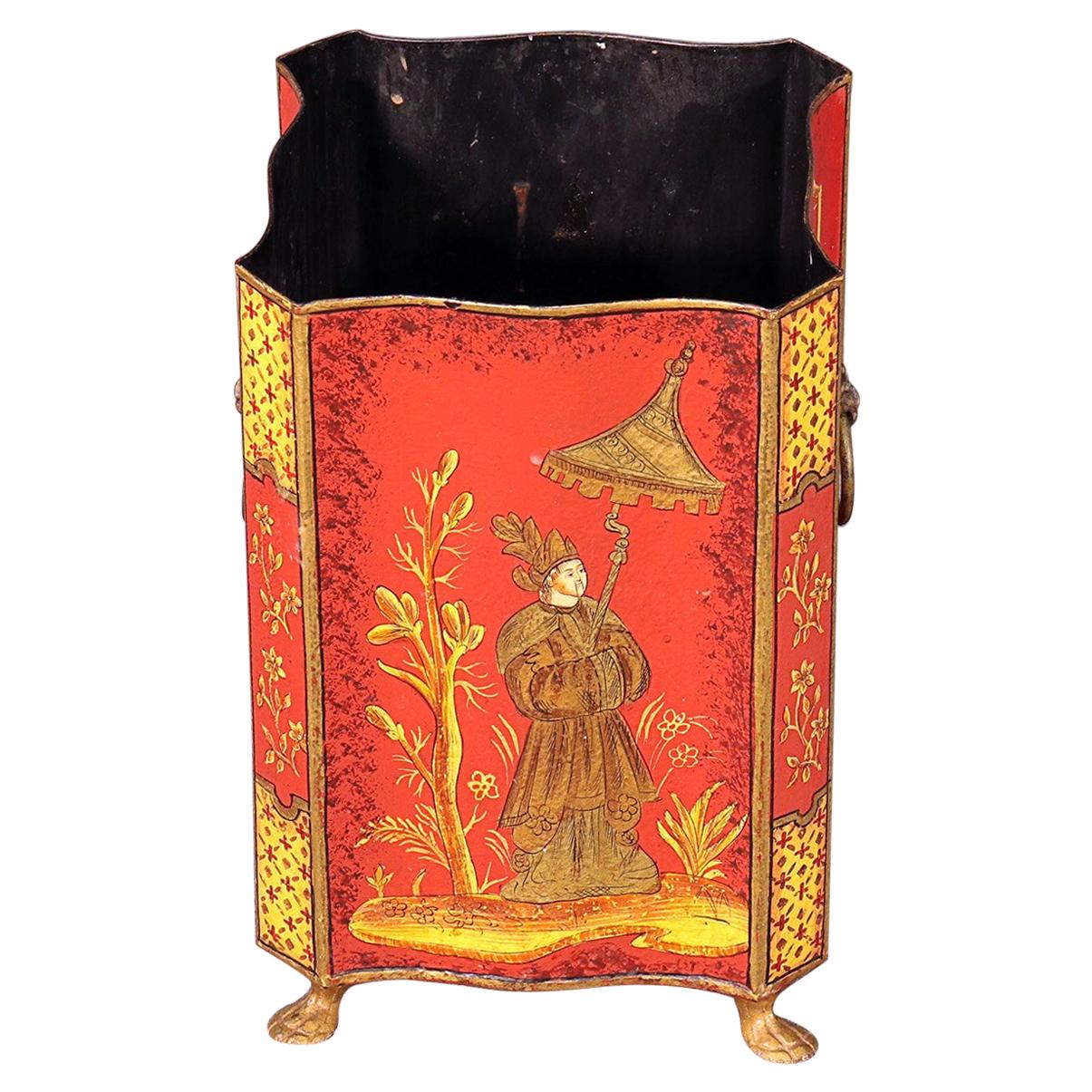 French Empire Style Hand Painted Chinoiserie Paw Foot Waste Basket Trash Can
