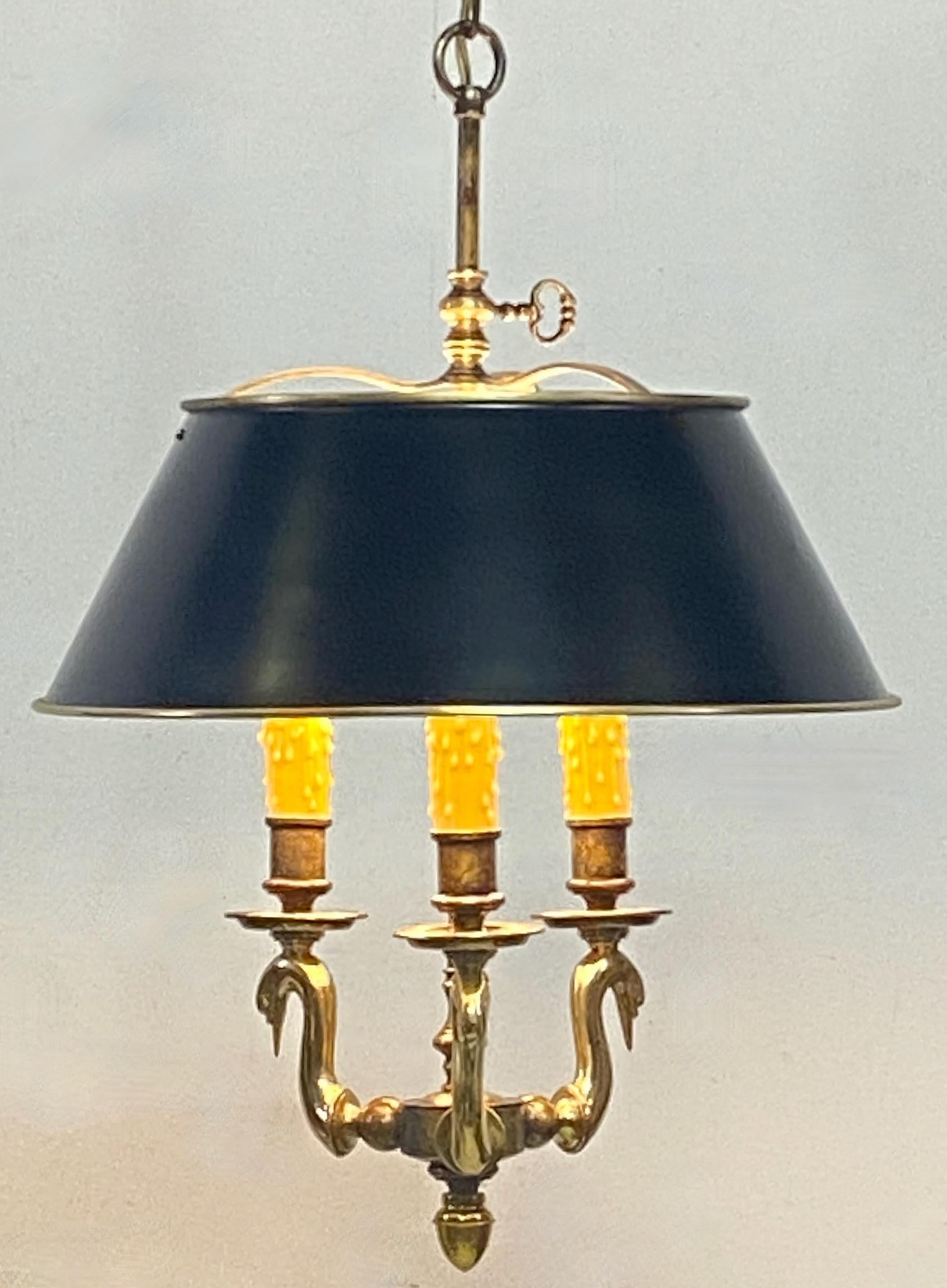 French Empire Style Hanging Bouillotte Brass Pendant Light Fixture In Good Condition In San Francisco, CA