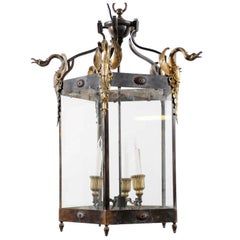 Antique French Empire Style Hexagonal Lantern with Bronze Swans Mounts