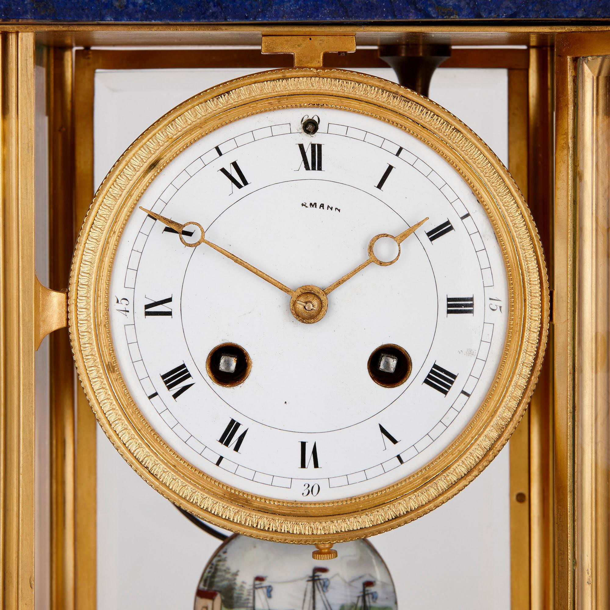 Neoclassical French Empire Style Lapis and Gilt Bronze Three-Piece Clock Set For Sale