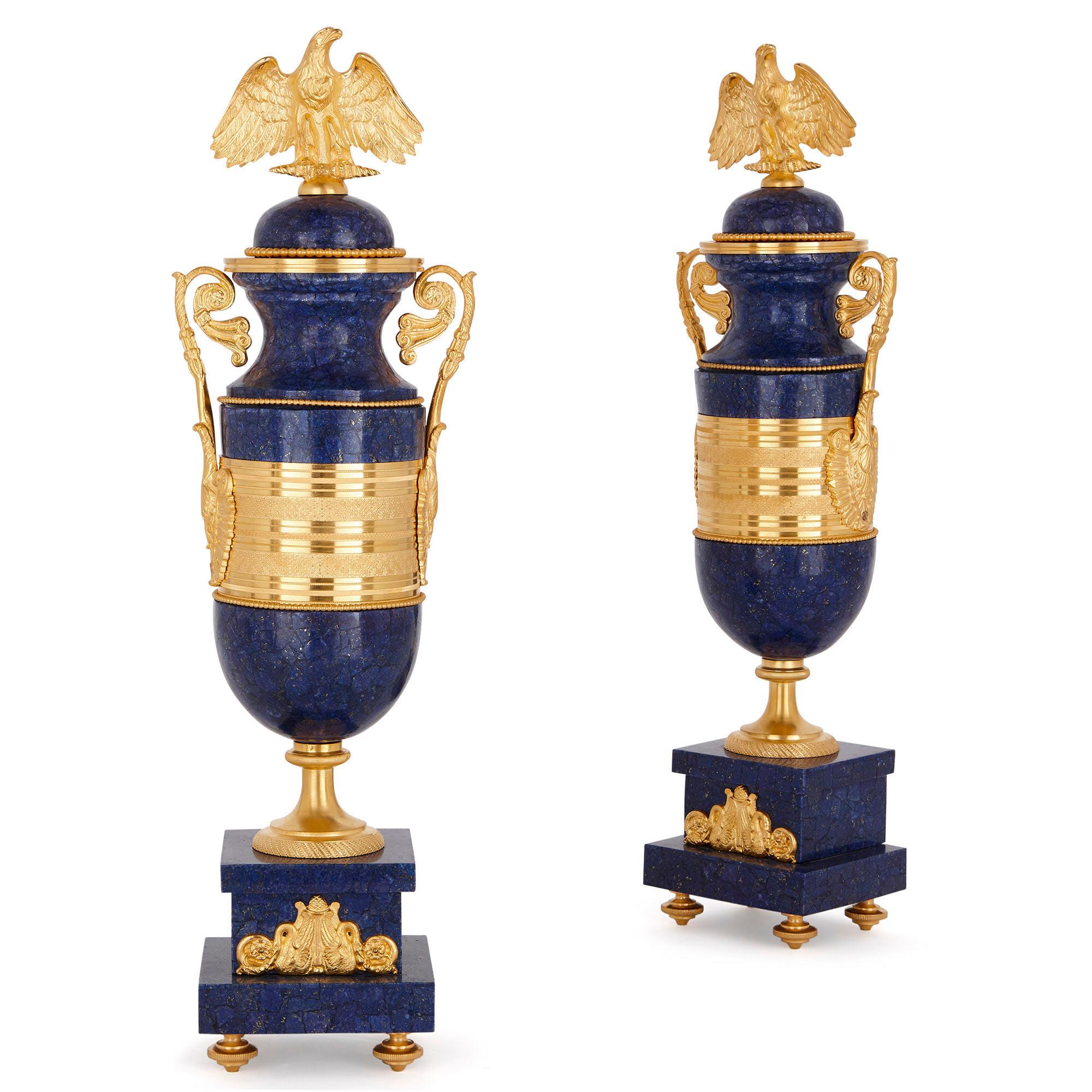 20th Century French Empire Style Lapis and Gilt Bronze Three-Piece Clock Set For Sale