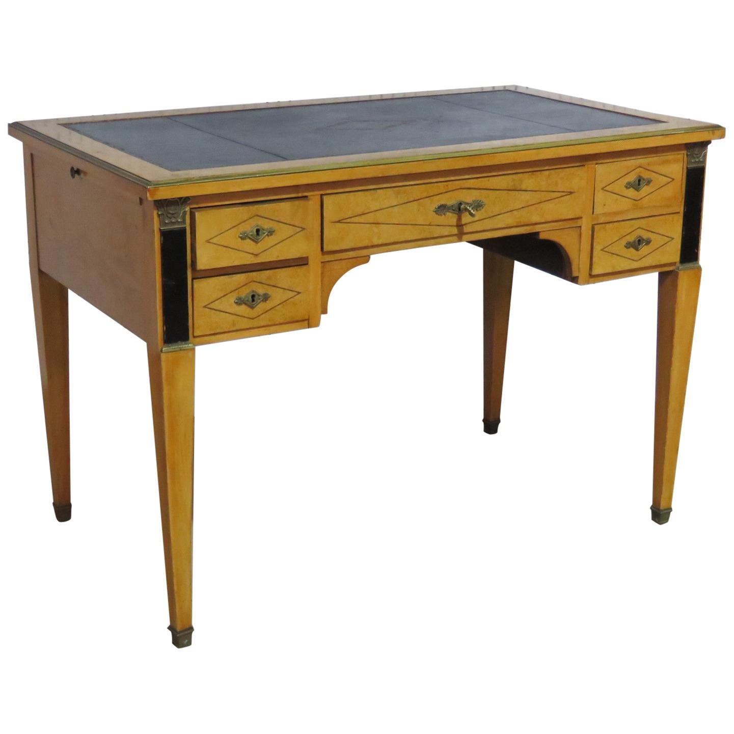 French Empire Style Brass Bound Leather Top Writing Table Desk