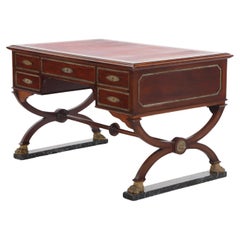 Antique French Empire style leather top mahogany writing desk, C 1890
