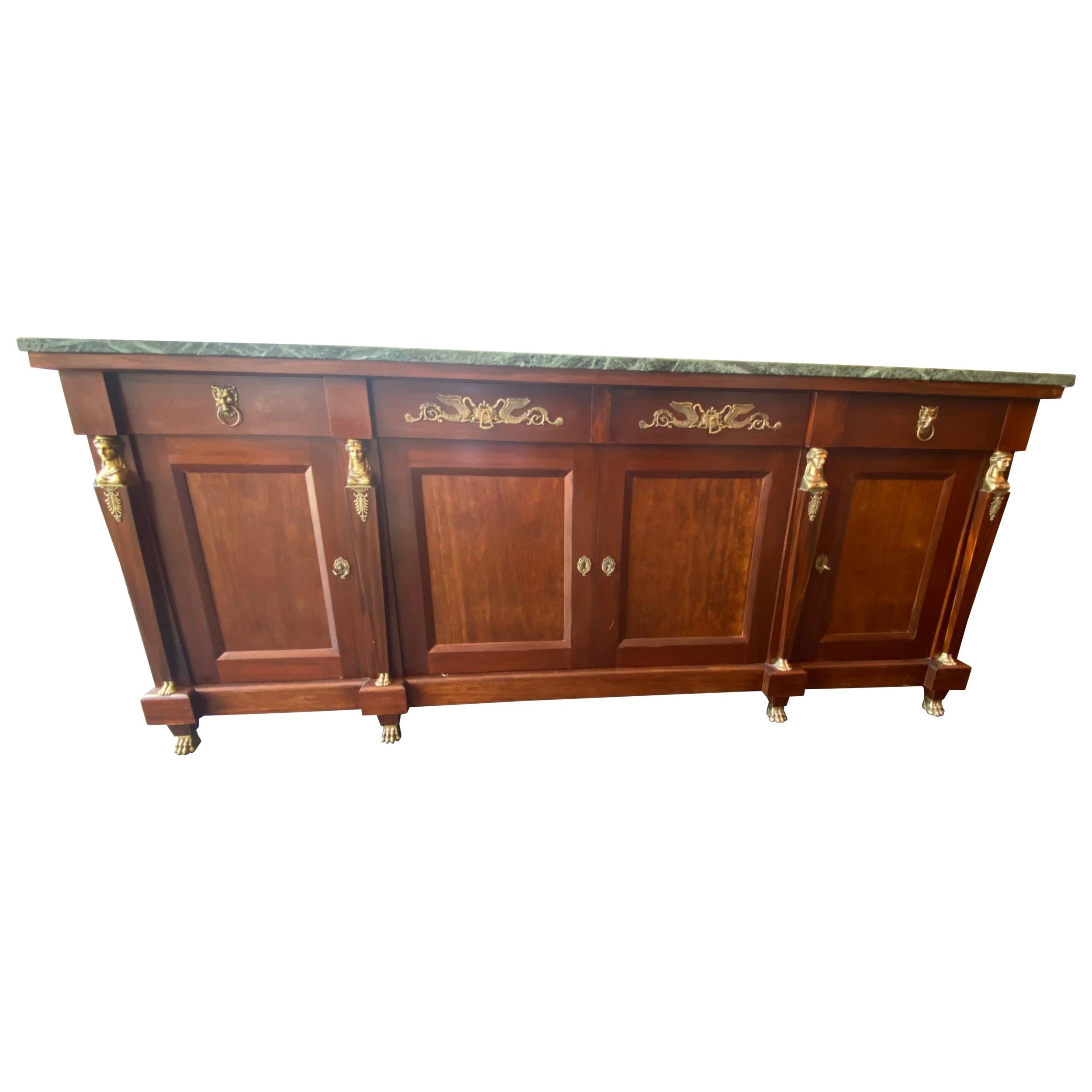 French Empire Style Mable-Top Mahogany Sideboard For Sale