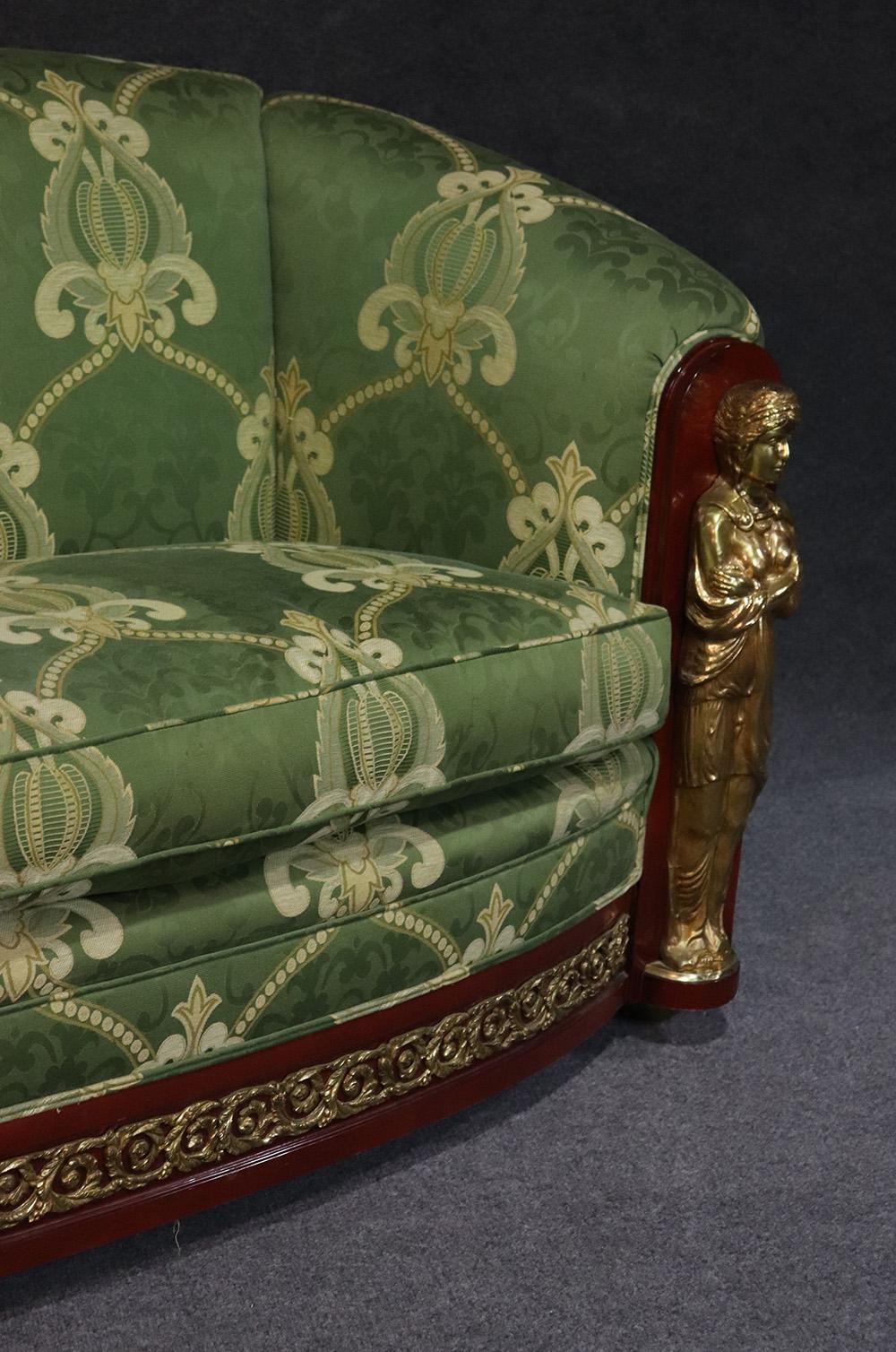 Mid-20th Century French Empire Style Mahogany and Brass Figural Settee Sofa Couch, circa 1950
