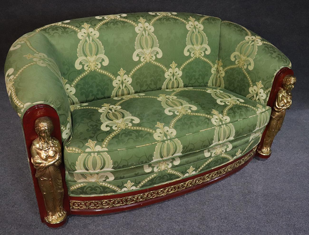 French Empire Style Mahogany and Brass Figural Settee Sofa Couch, circa 1950 In Good Condition In Swedesboro, NJ