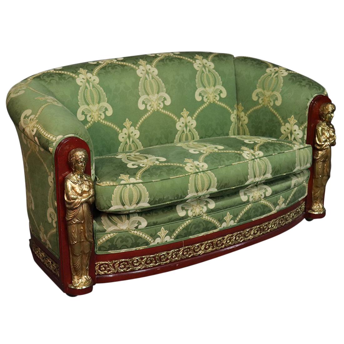 French Empire Style Mahogany and Brass Figural Settee Sofa Couch, circa 1950