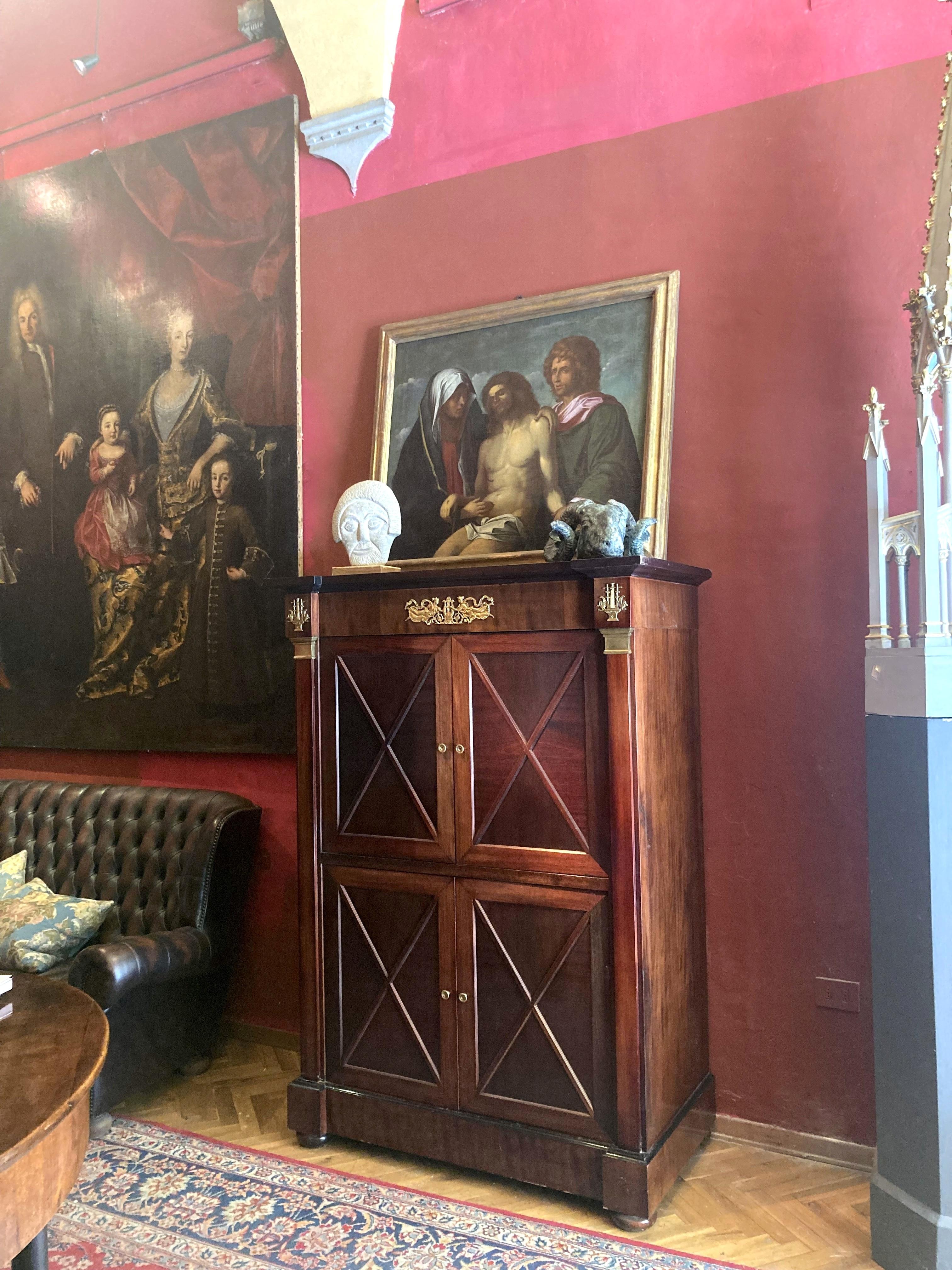 These imposing solid mahogany cabinets with gilt bronze mounts in the style of the Louis XVI French Empire furnished the luxurious Intercontinental Paris Le Grand Hotel. It has recently been renovate, the Second Empire style has been maintained but
