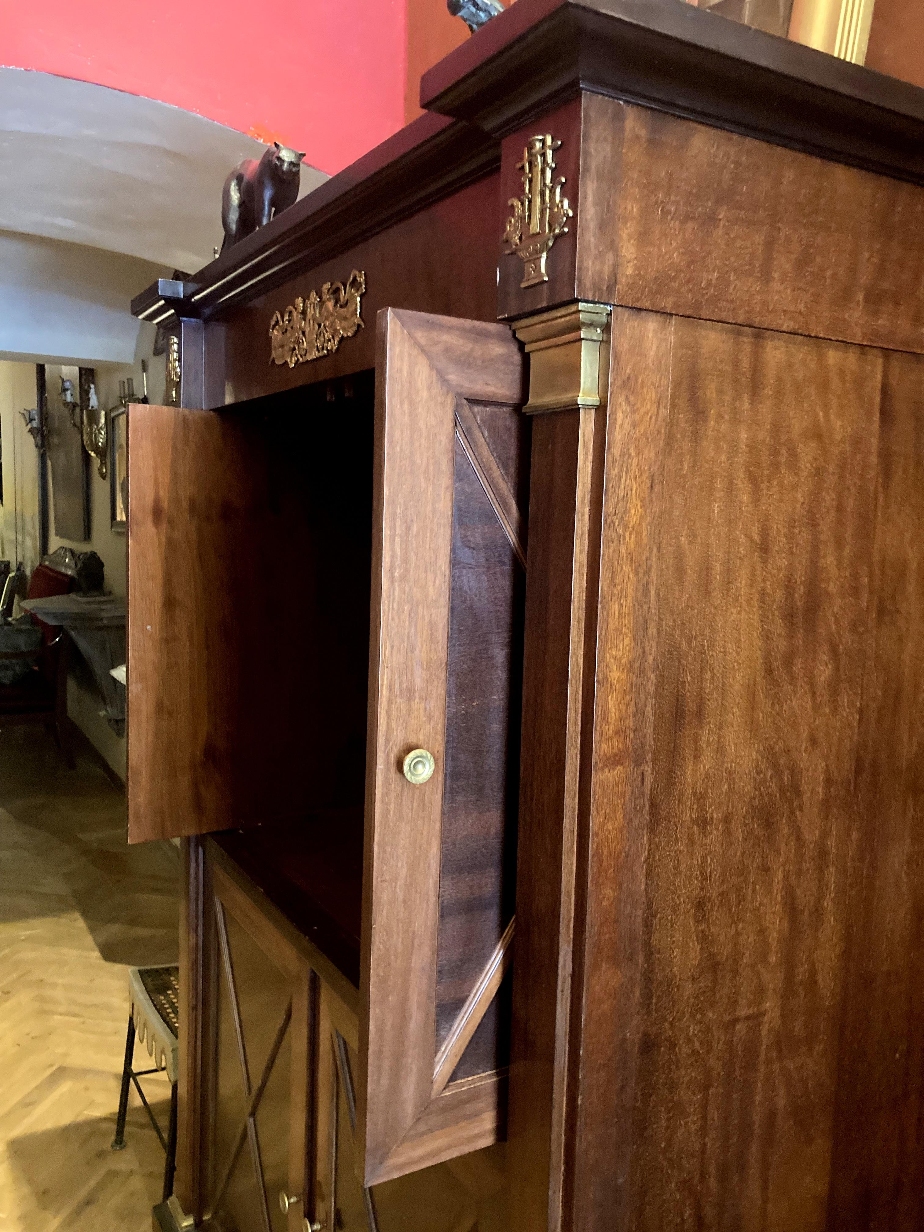 Metal French Empire Style Mahogany and Ormolu Four Doors Cabinets, Armoire or Dry Bar  For Sale