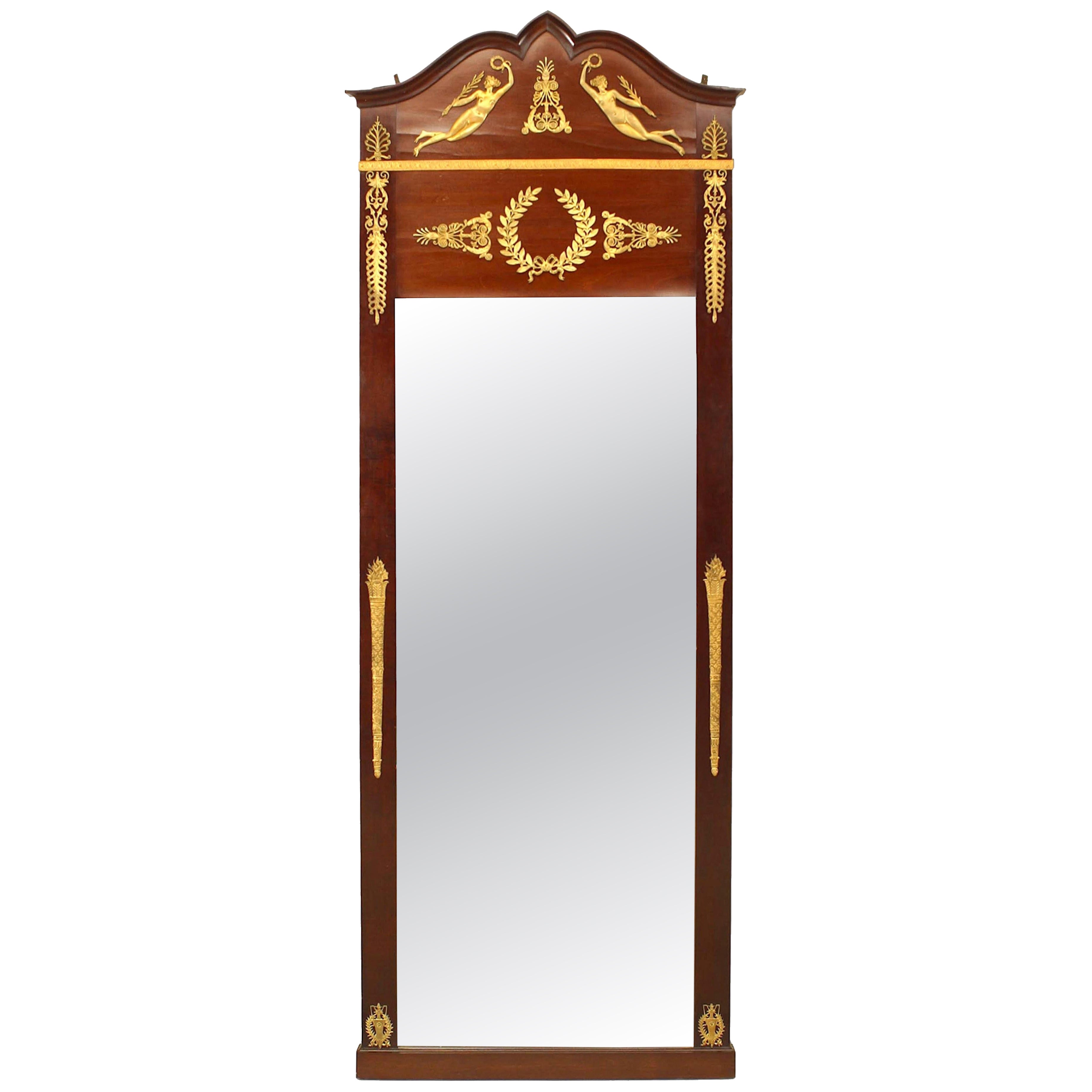 French Empire Style Mahogany and Ormolu Pediment Wall Mirror