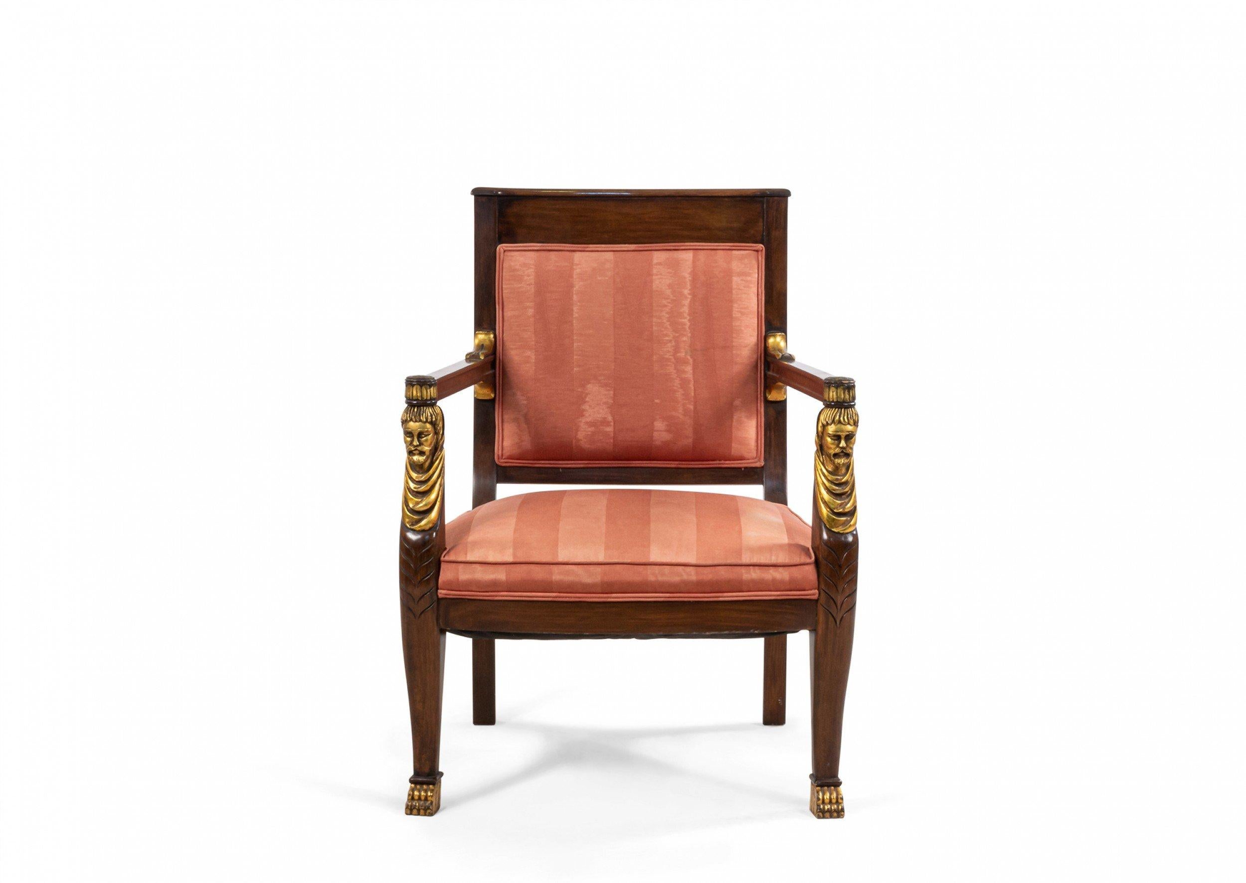 French Empire Style Mahogany and Pink Upholstered Armchairs In Good Condition For Sale In New York, NY
